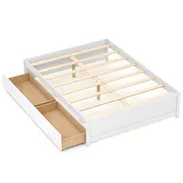 Costway - Full Size Wooden Platform Bed with 2 Rolling Storage Drawers Wood Slat Support - White