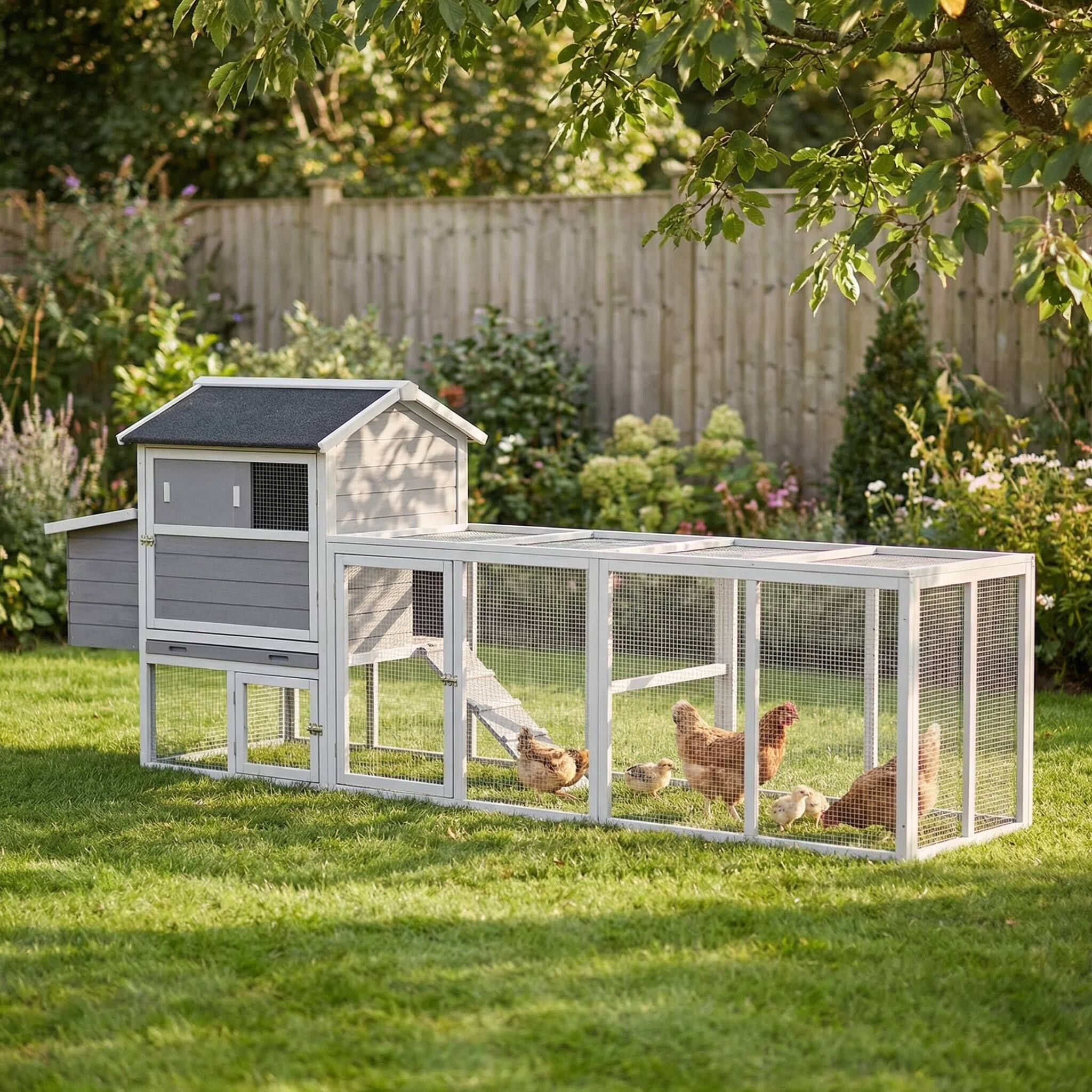 Angle. Mondawe - 115" Fir Wood Chicken Coop Outdoor Hen House Poultry Cage w/ Run & Nesting Box, Sliding Door & Lock - Gray.