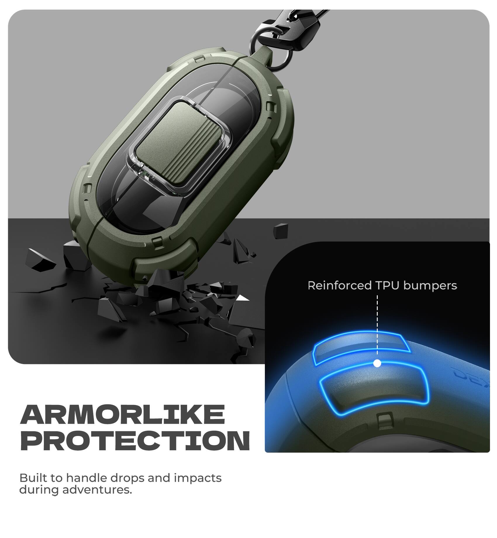 Reinforced TPU bumpers  
ARMORLIKE PROTECTION  
Built to handle drops and impacts during adventures.