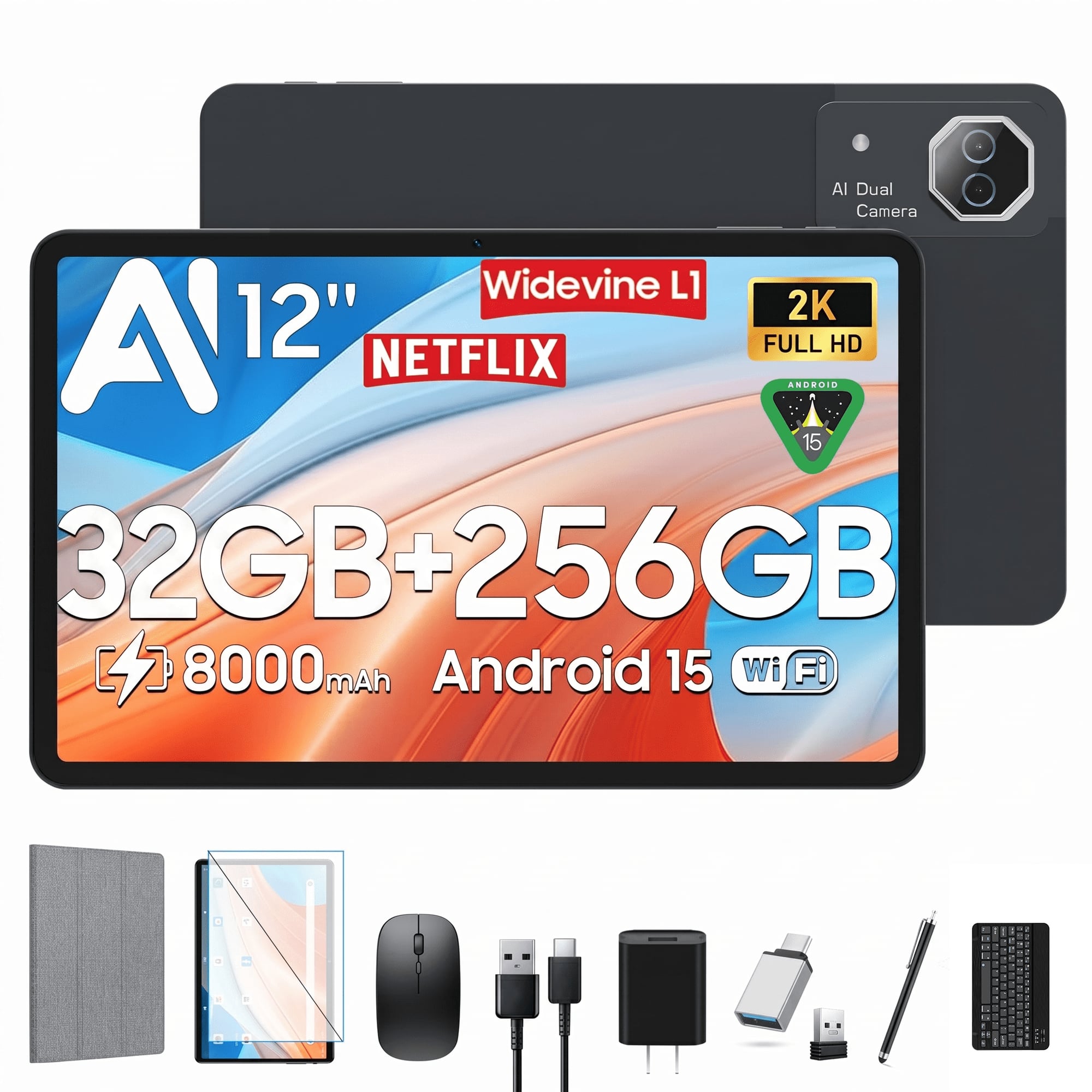 ZONKO - 12 inch Tablet,Android 15 Tablets with 256GB ROM,Helio G99 Octa-Core for Gaming,5G WiFi Tableta 2K Display, 2 TB Expand - Gray
