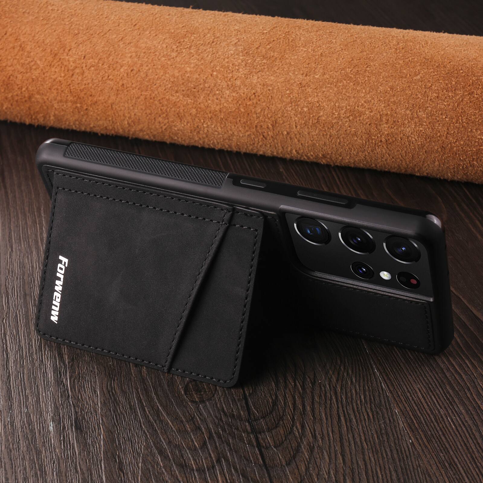 Back. Dteck - Dteck RFID Blocking Back Wallet Case for Samsung Galaxy S21 Ultra, Shockproof PU Leather Kickstand Rugged Cover - Black.