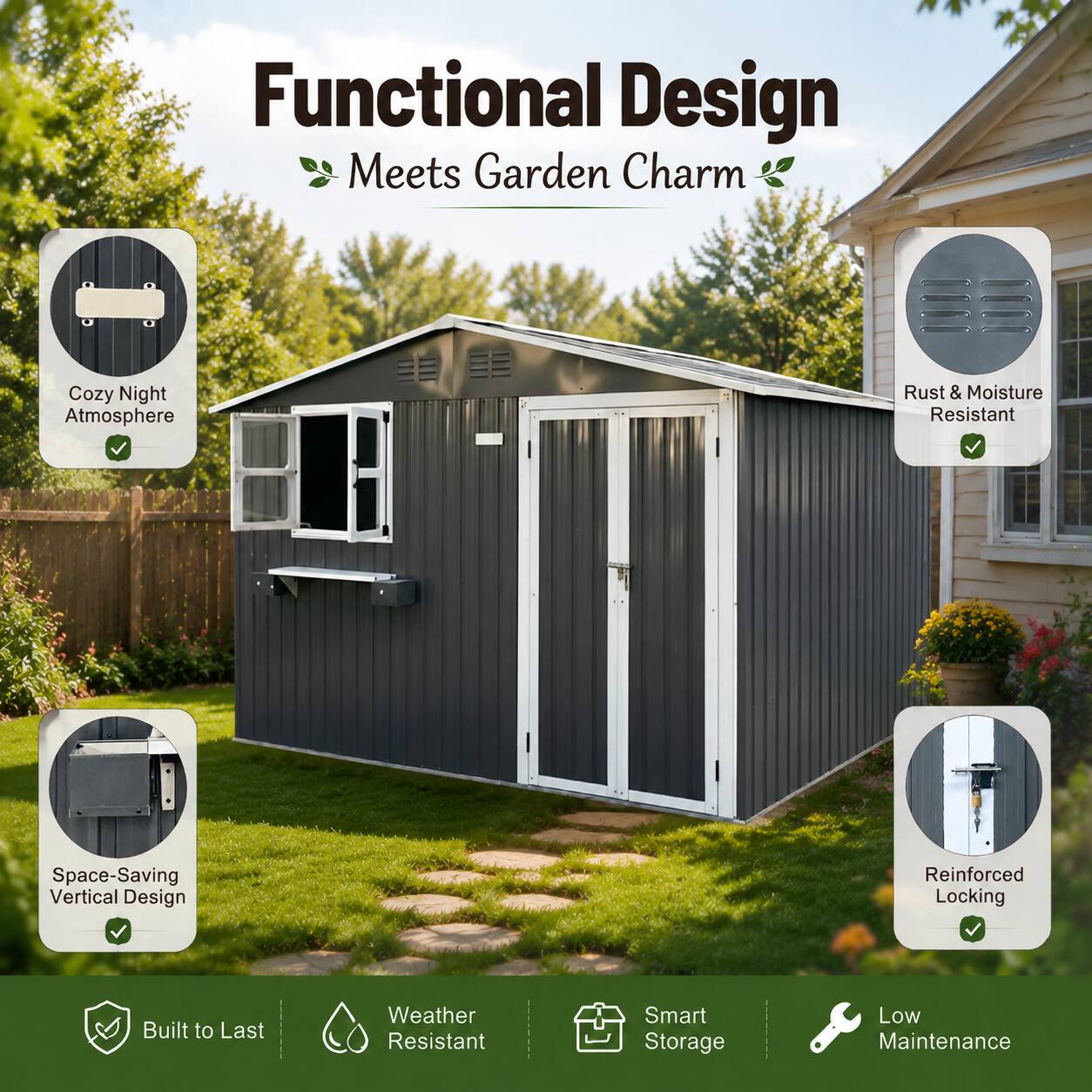 Functional Design Meets Garden Charm  
Cozy Night Atmosphere  
Rust & Moisture Resistant  
Space-Saving Vertical Design  
Reinforced Locking  
Built to Last  
Weather Resistant  
Smart Storage  
Low Maintenance
