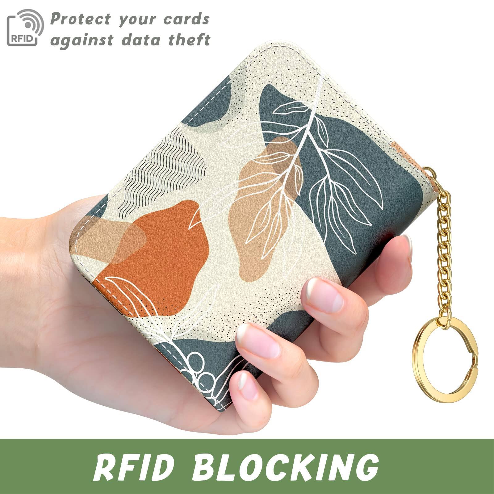 Alt View 1. Jadie Link - Credit Card Holder Small Rfid Wallet Slim Leather Organizer Case Zipper Keychain Abstract Boho Leaves Protable Compact - B-Work Hard-Card Holder.