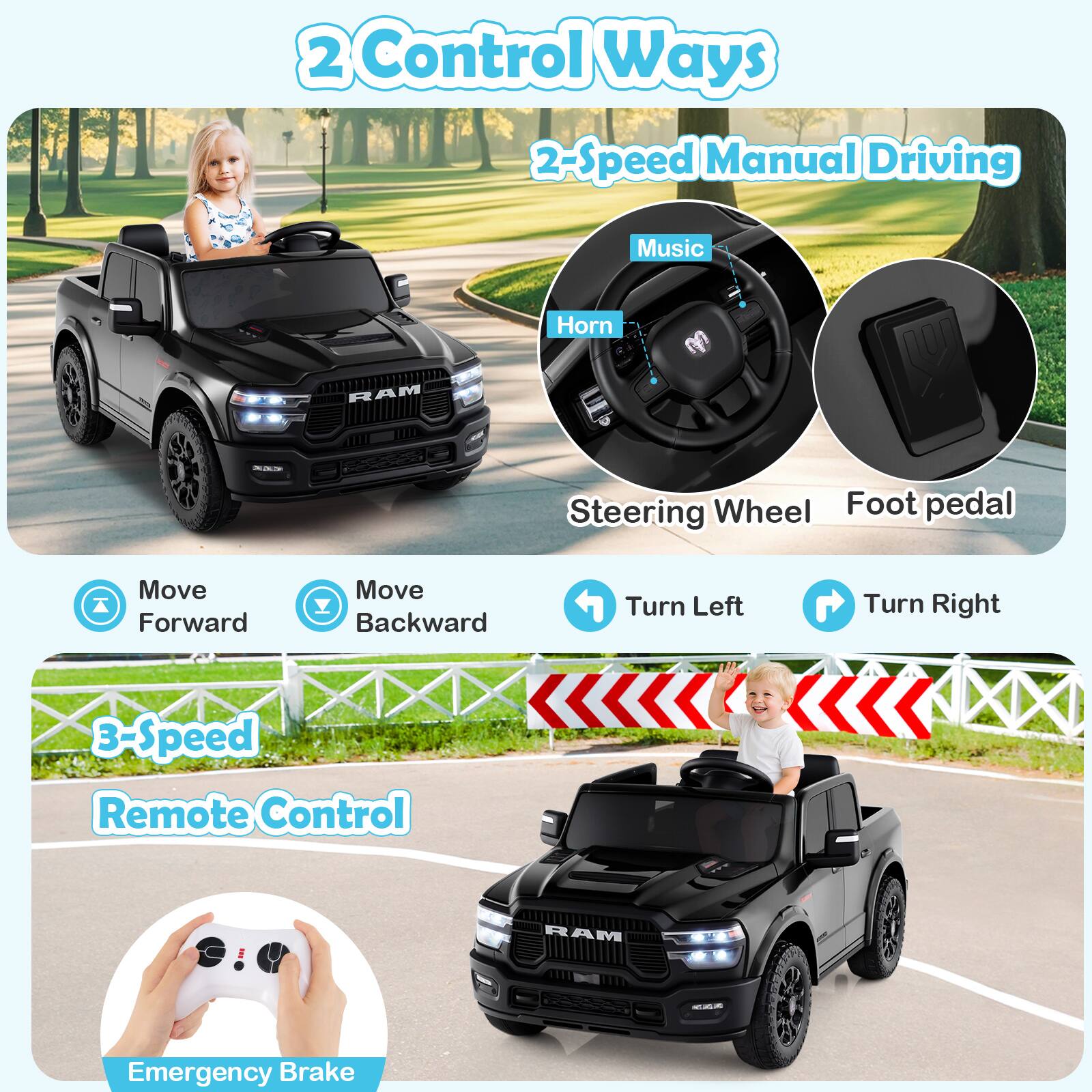 2 Control Ways

2-Speed Manual Driving
- Music
- Horn
- Steering Wheel
- Foot pedal
- Move Forward
- Move Backward
- Turn Left
- Turn Right

3-Speed Remote Control
- Emergency Brake