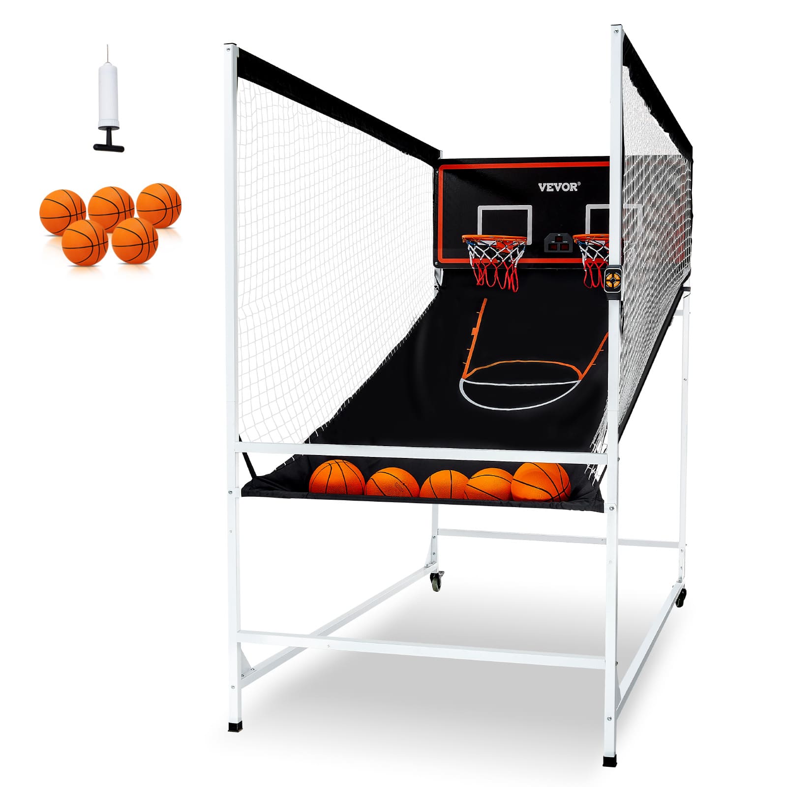Front. VEVOR - Arcade Cage Basketball Game, 2 Player Indoor Basketball Game, Home Dual Shot Sport with 5 Balls, 8 Game Modes - Black, White.