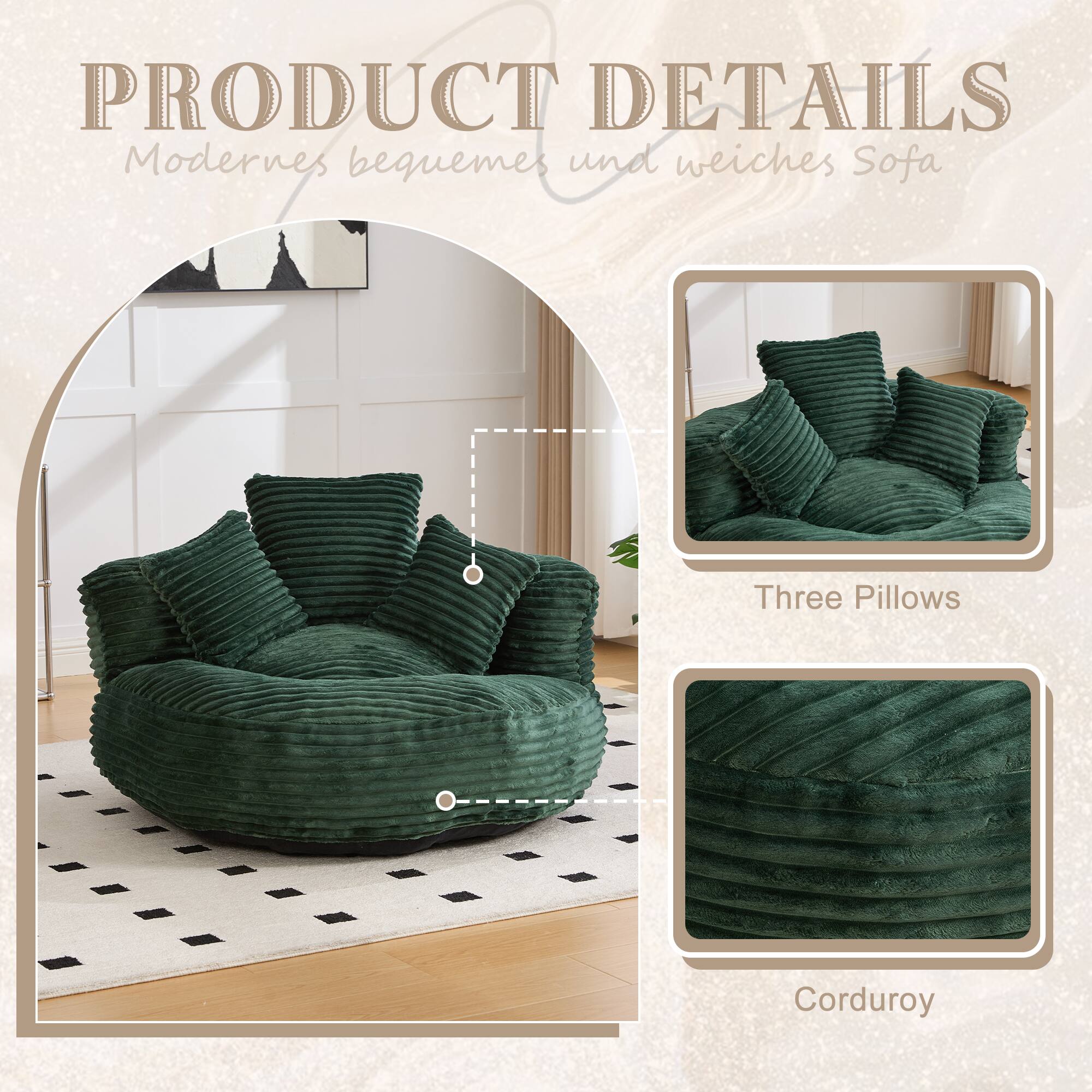 PRODUCT DETAILS  
Modernes bequemes und weiches Sofa  
Three Pillows  
Corduroy