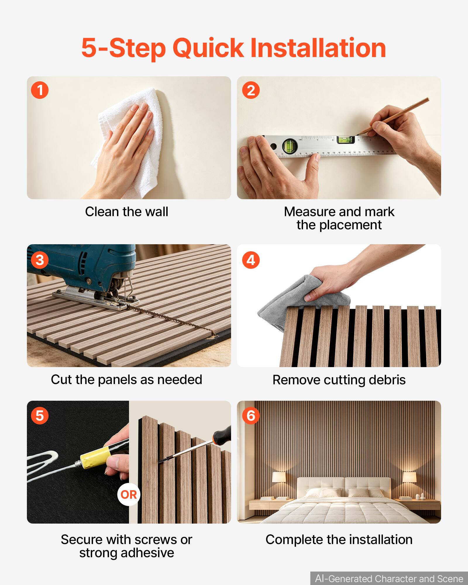 5-Step Quick Installation

1. Clean the wall
2. Measure and mark the placement
3. Cut the panels as needed
4. Remove cutting debris
5. Secure with screws or strong adhesive
6. Complete the installation