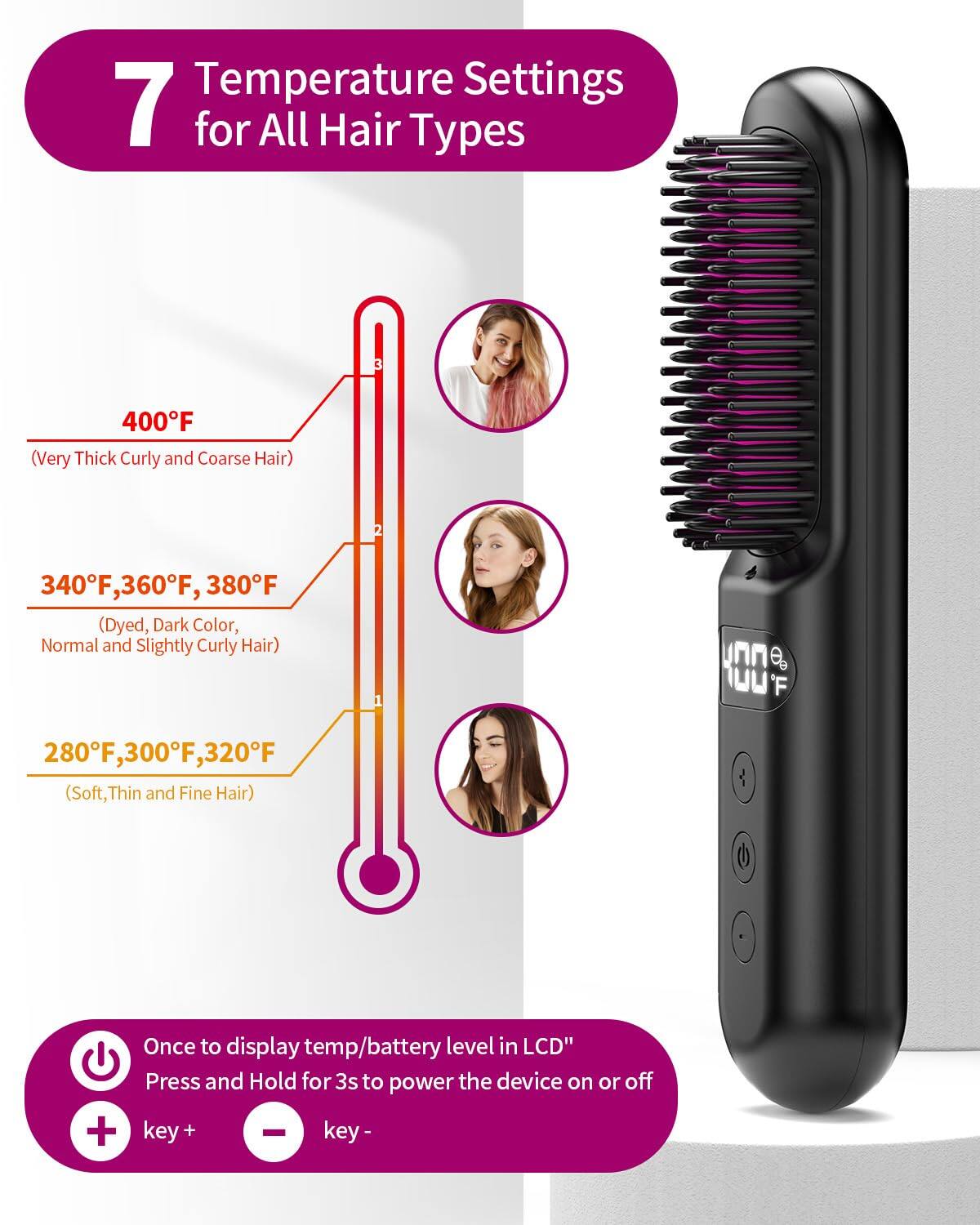 7 Temperature Settings for All Hair Types

- 400°F (Very Thick Curly and Coarse Hair)
- 340°F, 360°F, 380°F (Dyed, Dark Color, Normal and Slightly Curly Hair)
- 280°F, 300°F, 320°F (Soft, Thin and Fine Hair)

Once to display temp/battery level in LCD"
Press and Hold for 3s to power the device on or off

key + key -