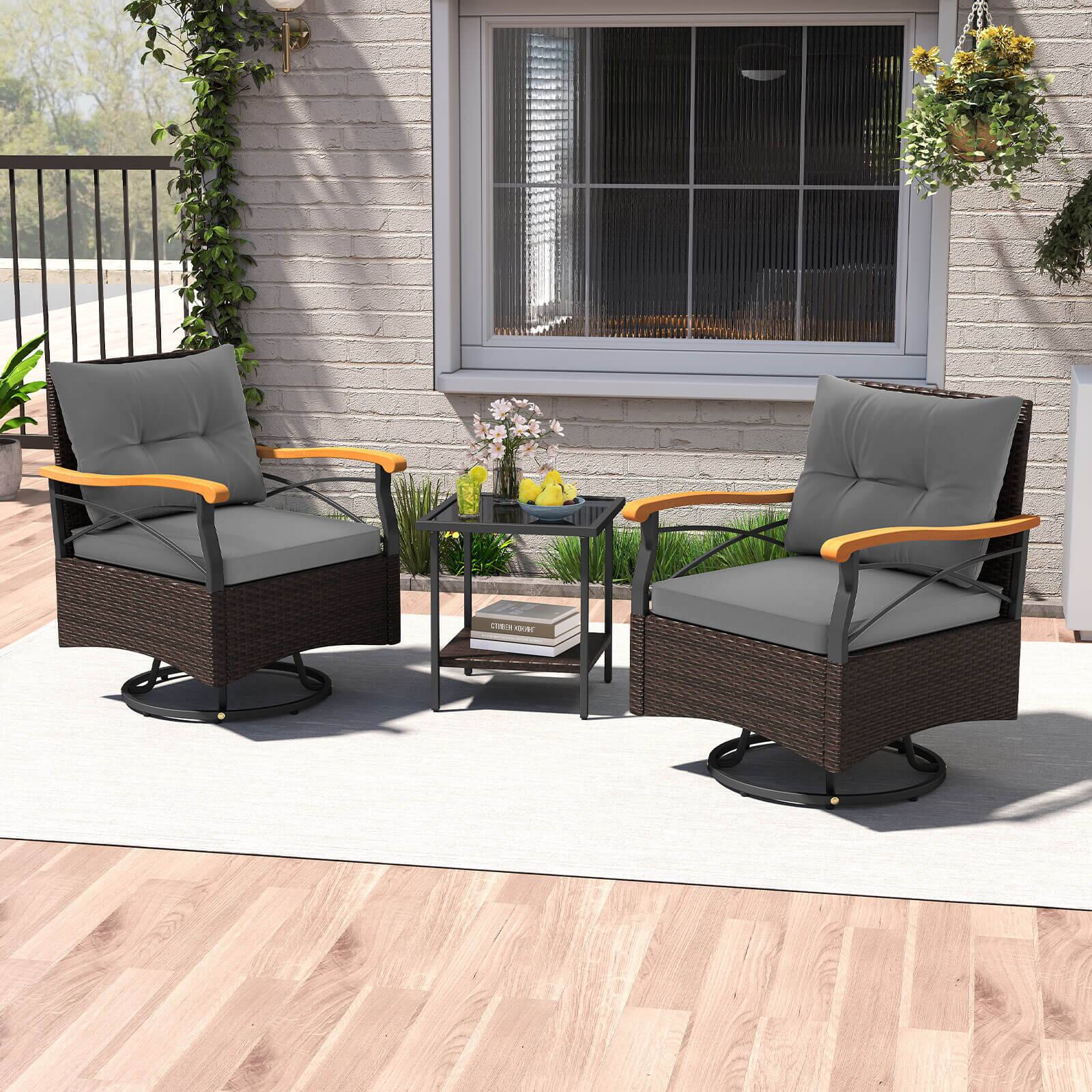 Alt View 4. Costway - Costway 3 PCS Outdoor Swivel Chair Set with 2-Tier Tempered Glass Side Table Cushions - Gray.