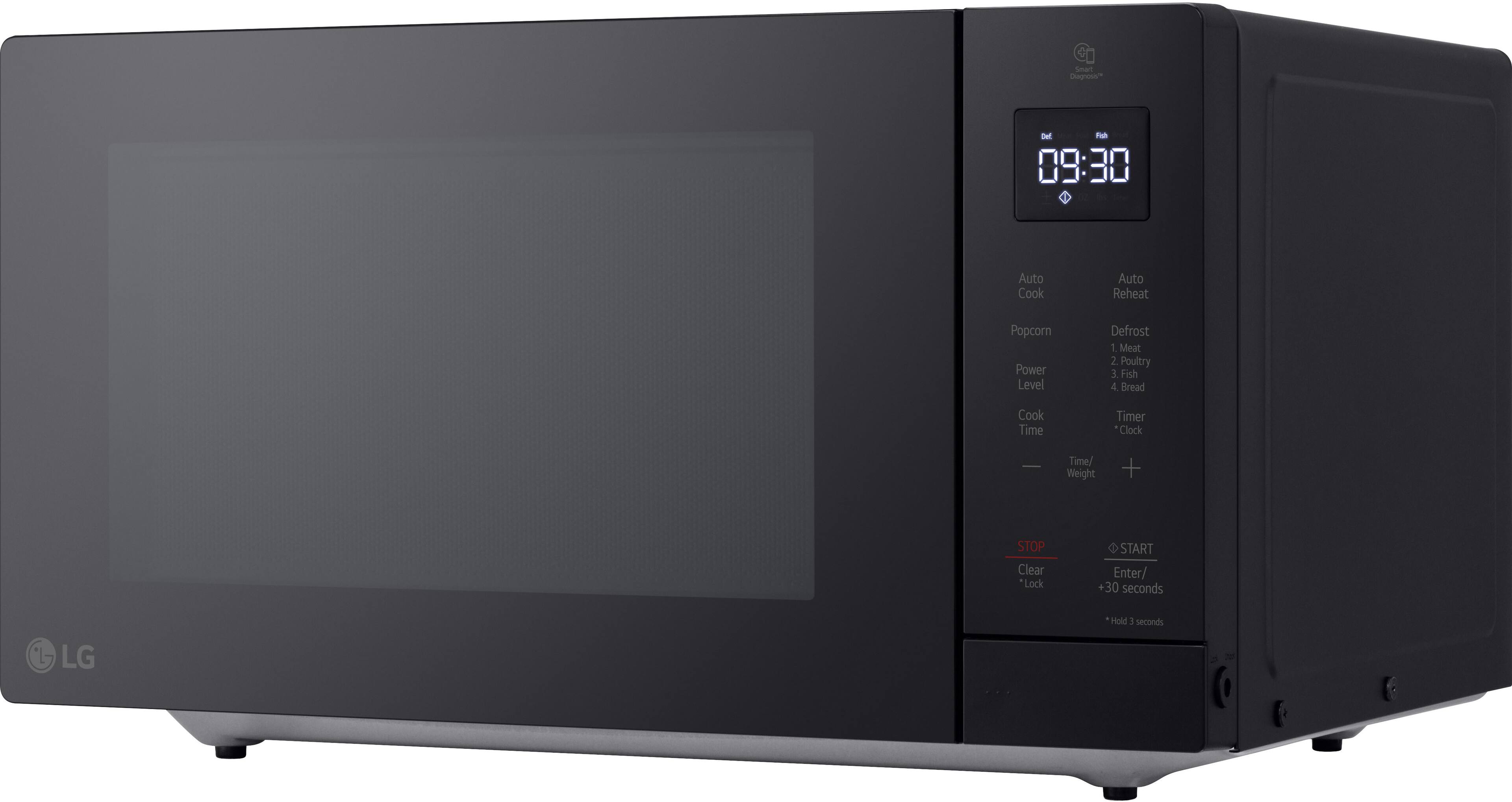 Sure, here is the corrected and grouped text from the image:

- **Top Left:** LG
- **Top Right:** 09:30
- **Buttons:**
  - Auto Cook
  - Auto Reheat
  - Popcorn
  - Power Level
  - Defrost
  - 1 Meat
  - 2 Poultry
  - 3 Fish
  - 4 Bread
  - Cook Time
  - Timer
  - Clock
  - Time/Weight
  - STOP
  - Clear
  - *Lock
  - START
  - Enter/
  - +30 seconds
  - Hold 1 second
  - L