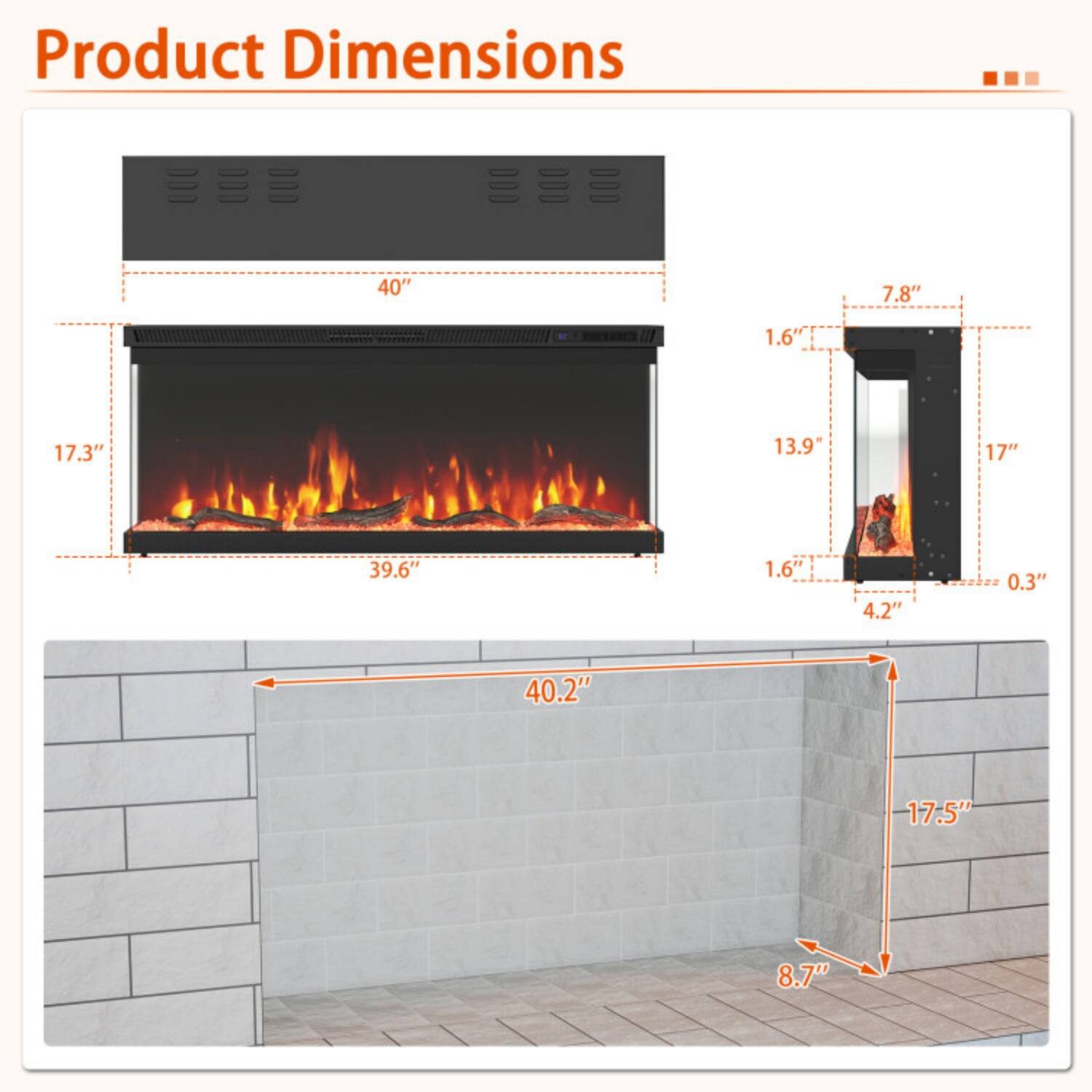 Product Dimensions

- 40"
- 7.8"
- 1.6"
- 17.3"
- 13.9"
- 17"
- 39.6"
- 1.6"
- 4.2"
- 0.3"
- 40.2"
- 17.5"
- 8.7"