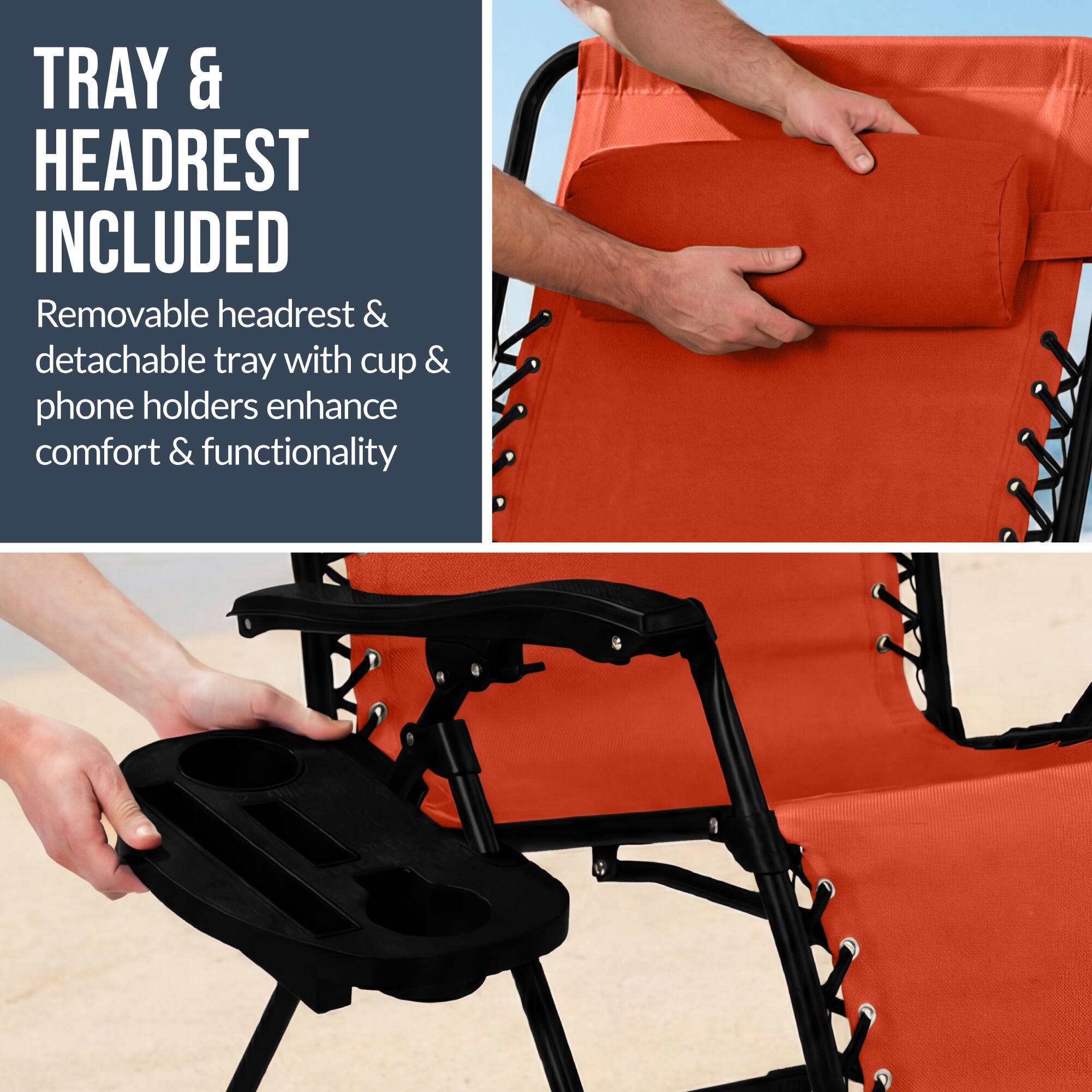 TRAY & HEADREST INCLUDED

Removable headrest & detachable tray with cup & phone holders enhance comfort & functionality