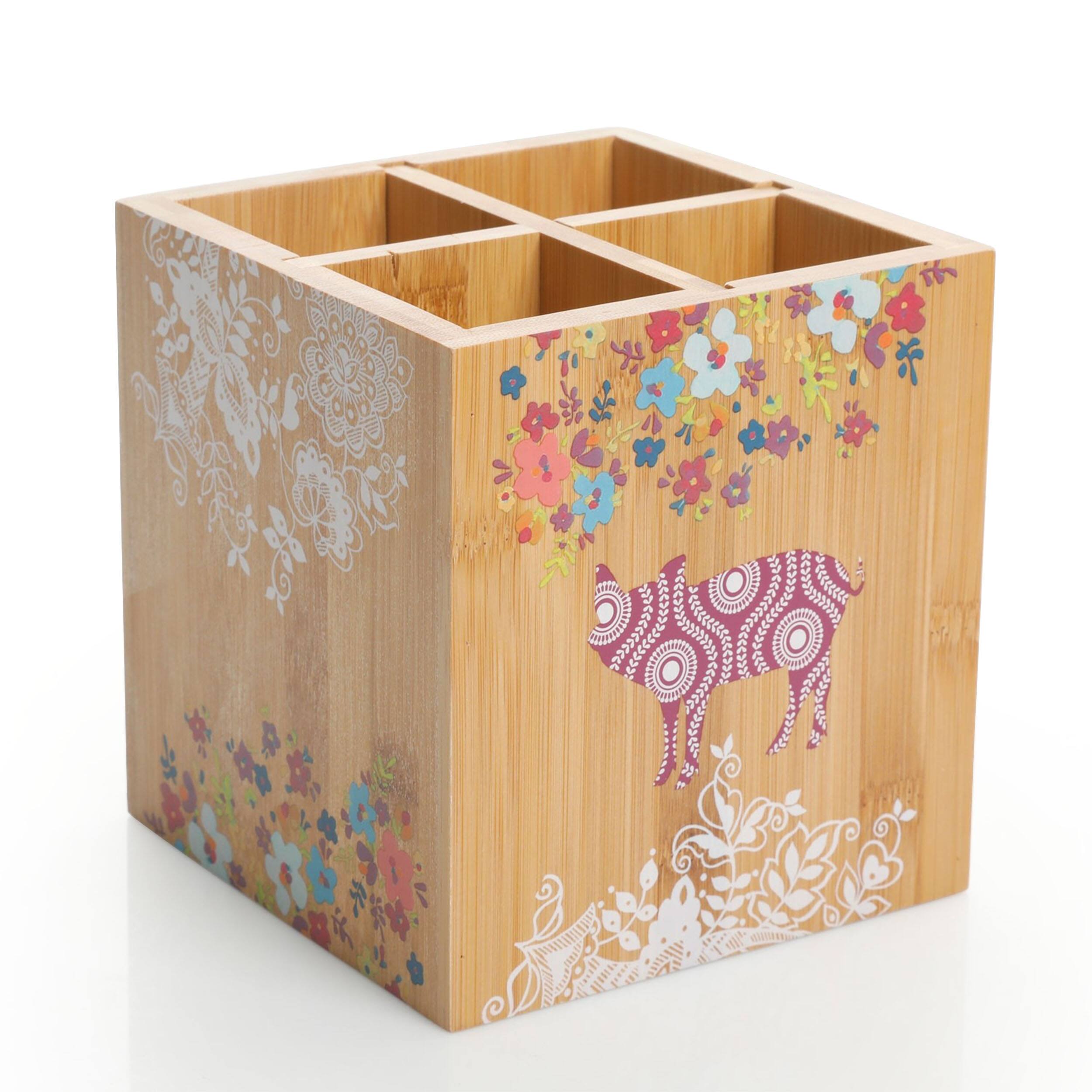 Alt View 5. Urban Market - Gibson Urban Market 5.5 Inch Square Bamboo Utensil Holder in Animal and Floral Print - Brown.