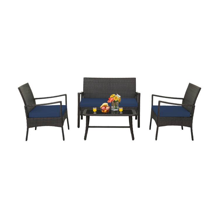 Front. Boyel Living - Navy 4 Pieces Outdoor Rattan Conversation Set with Tempered Glass Coffee Table 42-in L x 31-in W x 26.5-in H - Navy.
