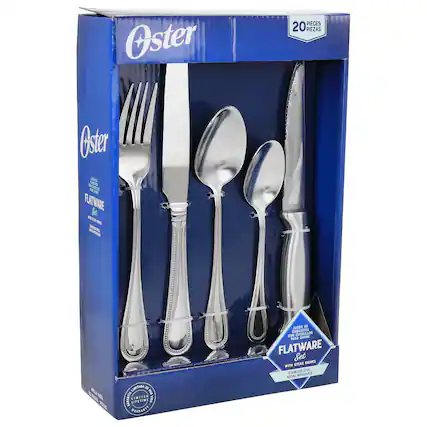 Oster Flatware Set 20 Pieces - Fork, Knife, Spoon - Lifetime Warranty - Dishwasher Safe - Stainless Steel - 3-Piece Set - Blue Box