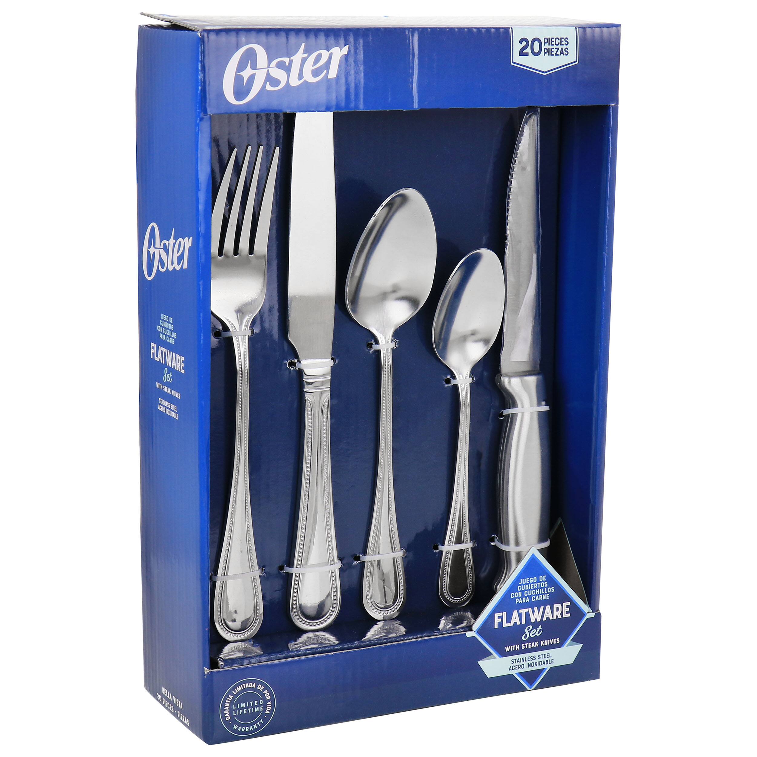 Oster - 20 Piece Stainless Steel Flatware and Steak Knife Set - Silver