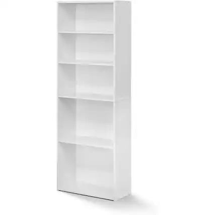 Front. FurniFact - White Wooden Book Shelf with Five Tiers of Wooden Shelves for Home Storage - Soft White.