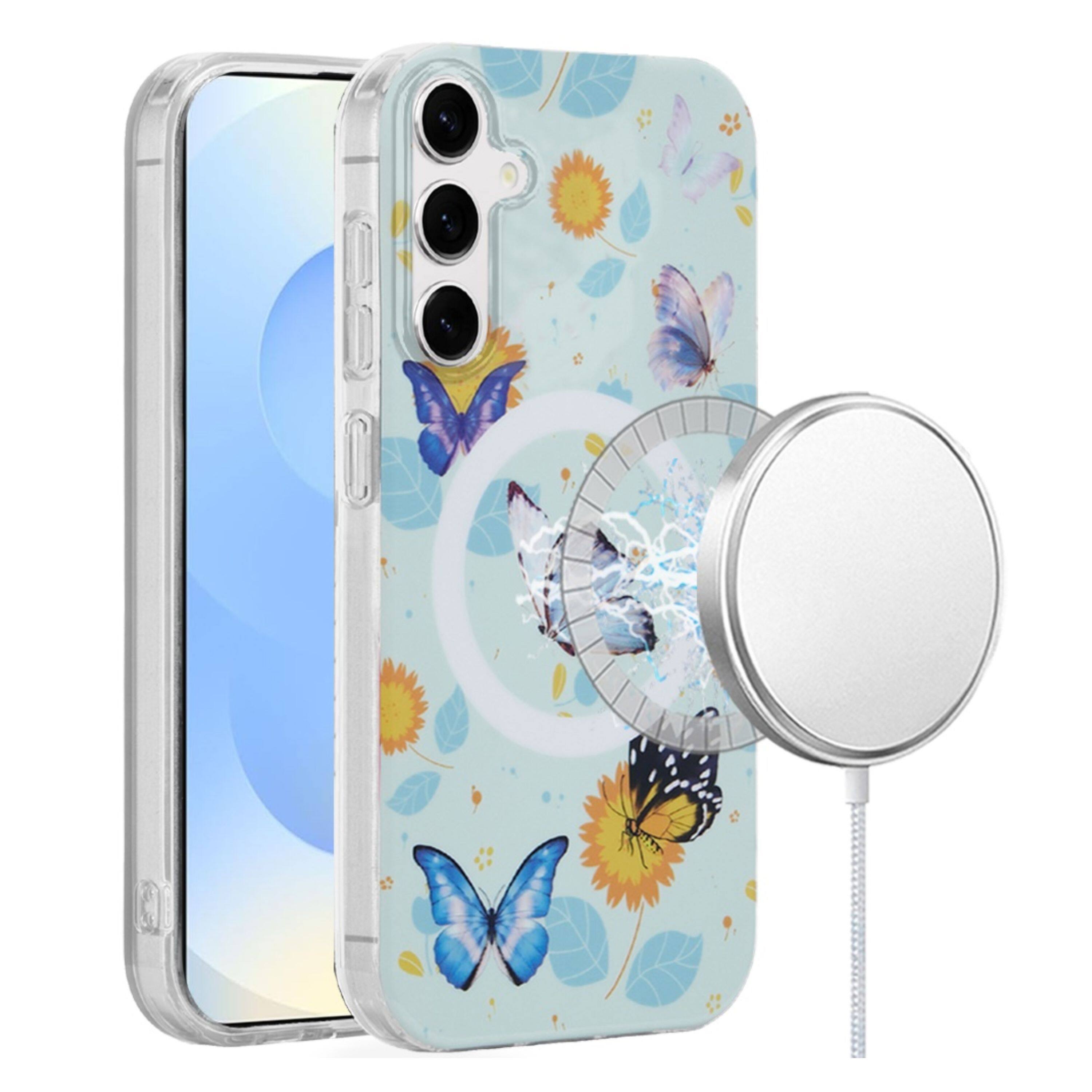 Angle. Kitcheniva - Dual Layer TPU Design Case With Magnetic Circle Tempered Glass For Samsung Galaxy S25+/S24+ Mystic Butterflies - Multicolor.