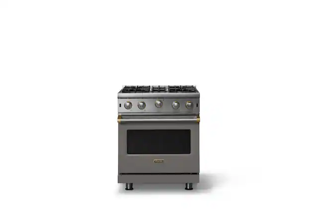 Front. Viking - 30"W. 4.0 Cu. Ft. Freestanding Self-Clean Open Burner Gas Convection Range - Damascus Gray w. Brushed Brass Trim - Damascus Gray.