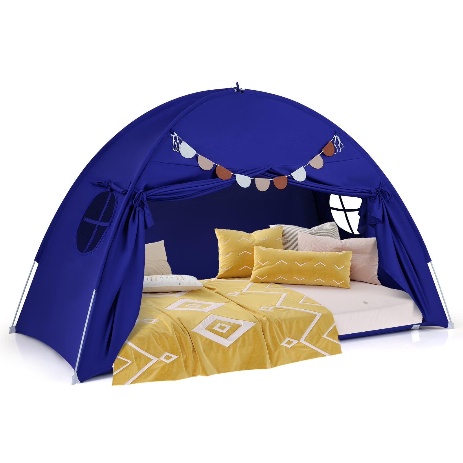 Gymax - Twin Full Size Bed Tent w/2 Windows Flags for Boys & Girls Aged 3+ Years Old - Navy