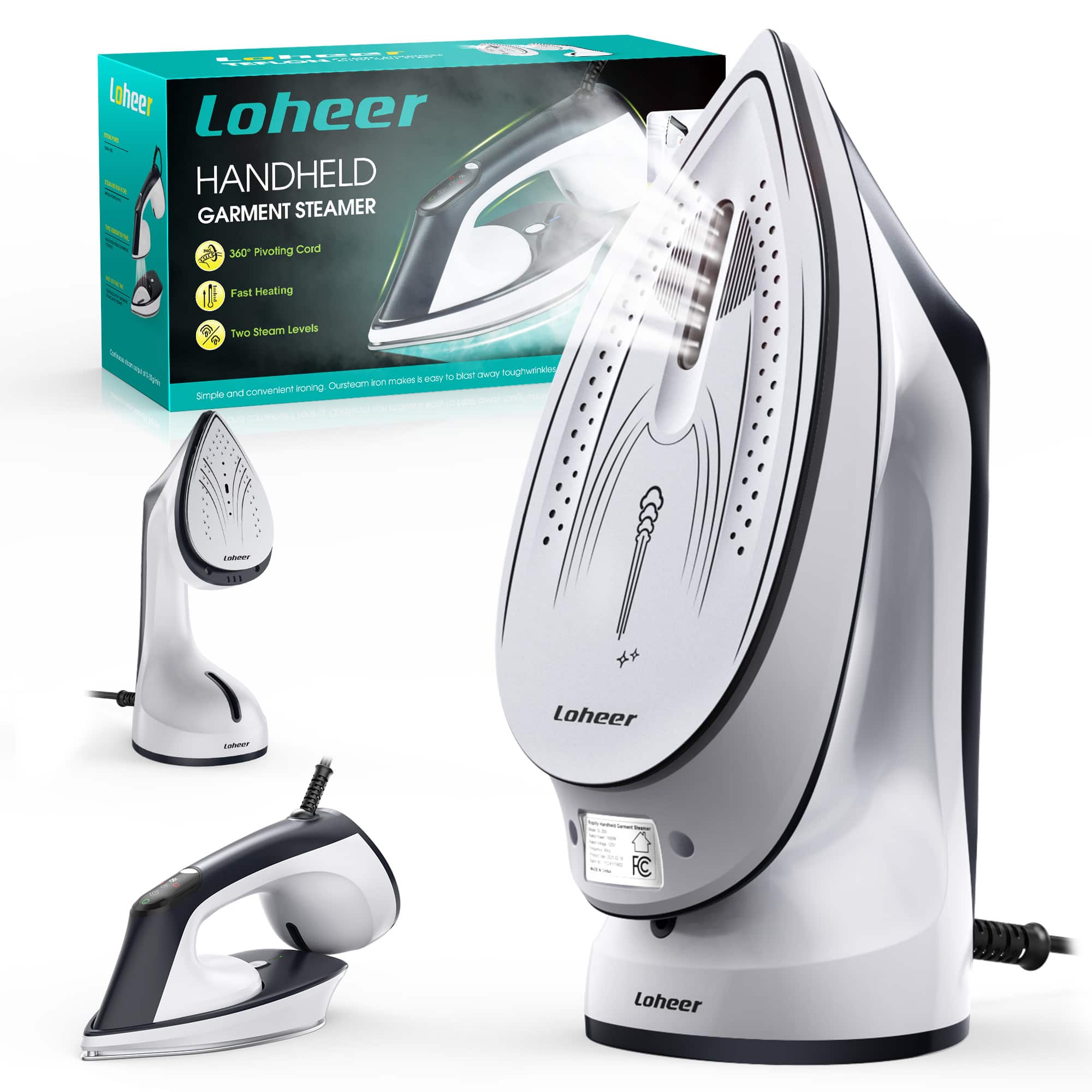 Loheer - 1600W Steamer for Clothes, 2-in-1 Steamer & Iron with Large Ceramic Plate, Powerful Turbo Steam - Navy blue