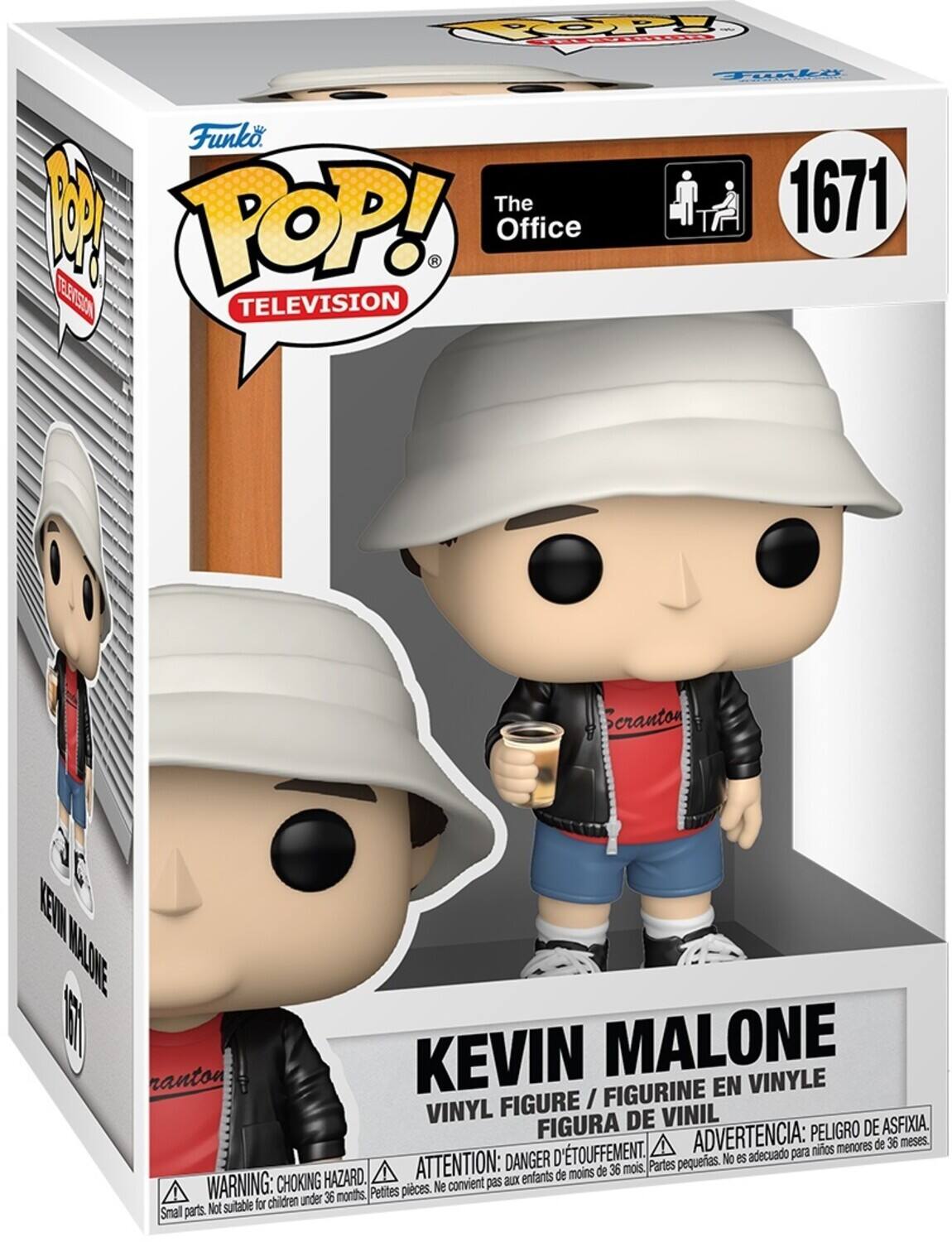 Sure, here is the corrected and grouped text from the image:

---

**Funko POP! TELEVISION**

**The Office**

**1671**

**KEVIN MALONE**

**VINYL FIGURE / FIGURINE EN VINYLE / FIGURA DE VINIL**

**WARNING: CHOKING HAZARD. Small parts. Not suitable for children under 36 months.**

**ATTENTION: DANGER D'ÉTOUFFEMENT. Petites pièces. Ne convient pas aux enfants de moins de 36 mois.**

**ADVERTENCIA: PELIGRO DE ASFIXIA. Partes pequeñas. No es adecuado para niños menores de 36 meses.**

---

This text is organized to reflect the information on the packaging, including the brand, series, character, and safety warnings.