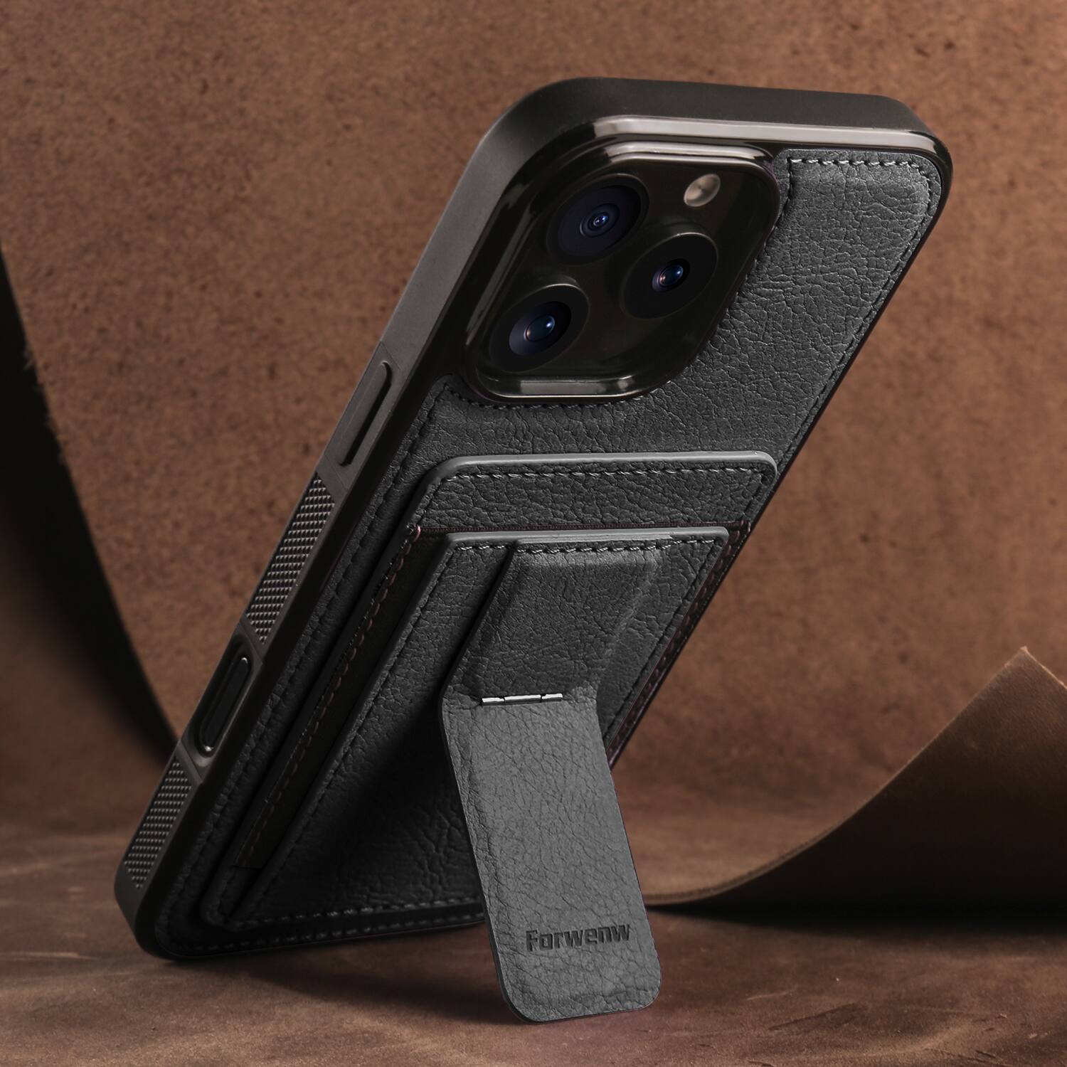 Alt View 1. Dteck - Slim Card Holder Case for Apple iPhone 16 Pro Max, Shockproof Wallet Protective Cover with Kickstand - Black.