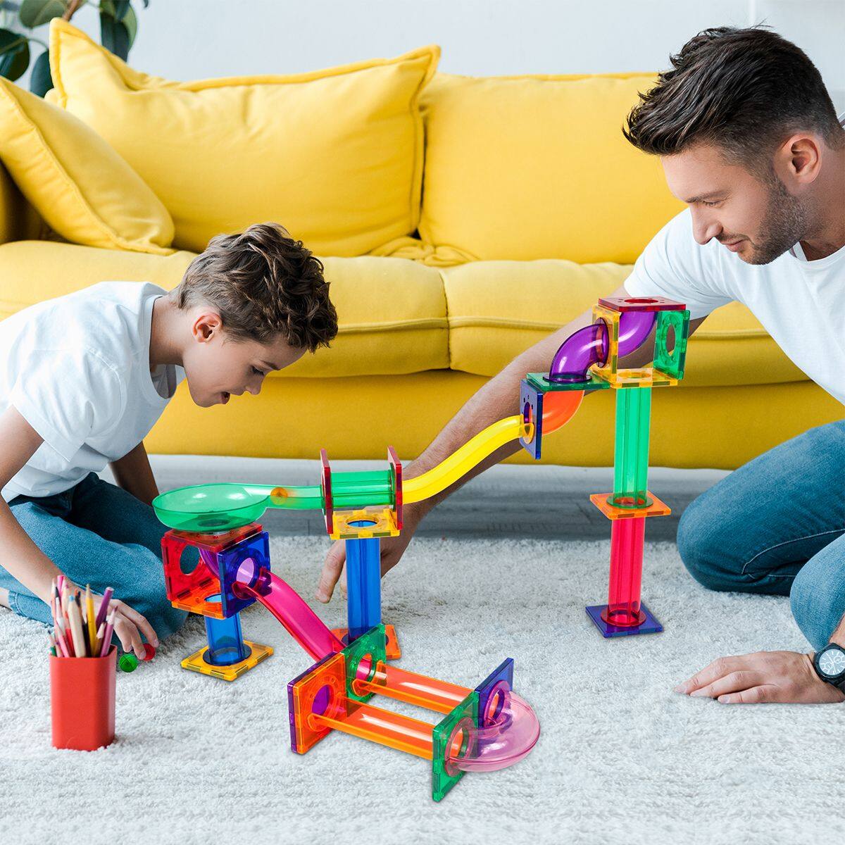 Alt View 2. PicassoTiles - PICASSO-TILES Marble Run Magnetic Tiles for Kids, 50PCS, Magnet Tiles Race Track Building Blocks STEM Toy - Multicolor.