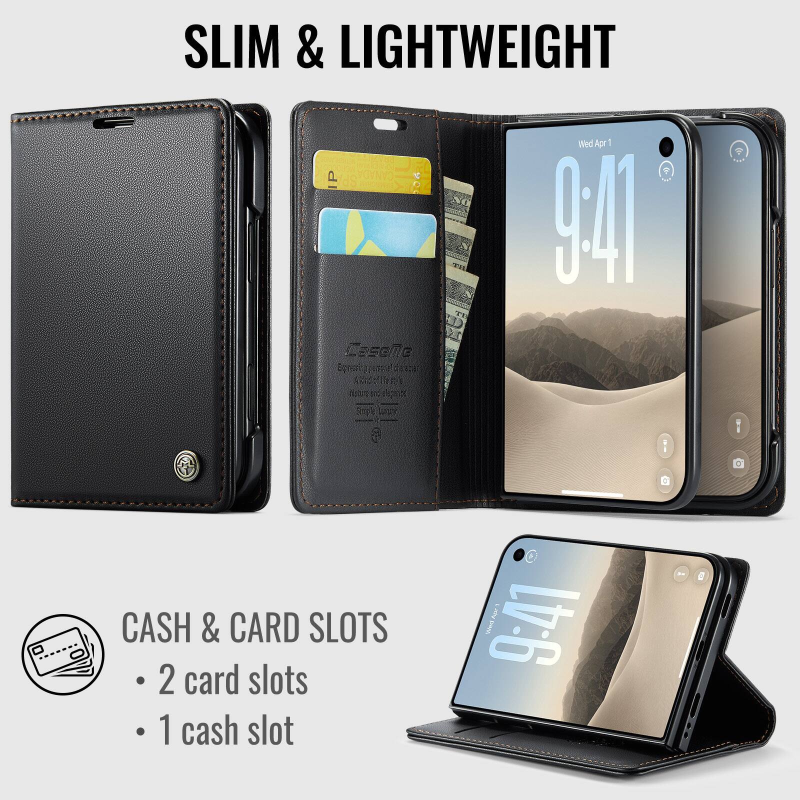 SLIM & LIGHTWEIGHT  
Wed Apr 1 | 9:41  

CASH & CARD SLOTS  
2 card slots  
1 cash slot