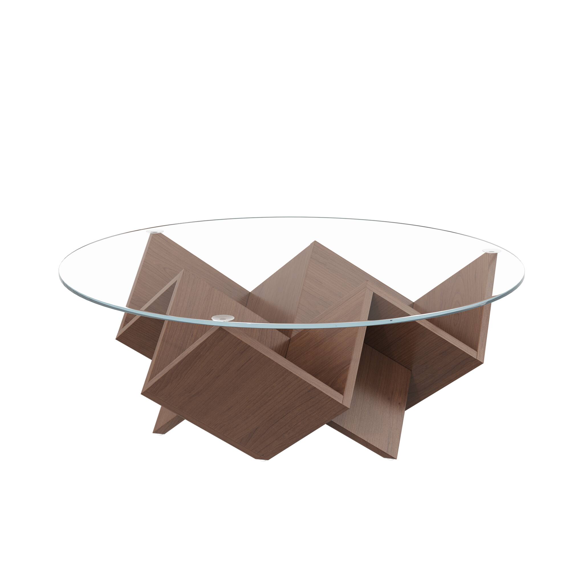 Alt View 10. GOODSILO - Round Coffee Table with Tempered Glass Top and Geometric Art Deco Style Storage Base - Walnut.