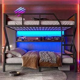 Anysun - Full over Full Bunk Bed, Metal w/ Storage Shelves & Lights, Space-Saving & Noise-Free Design - Black