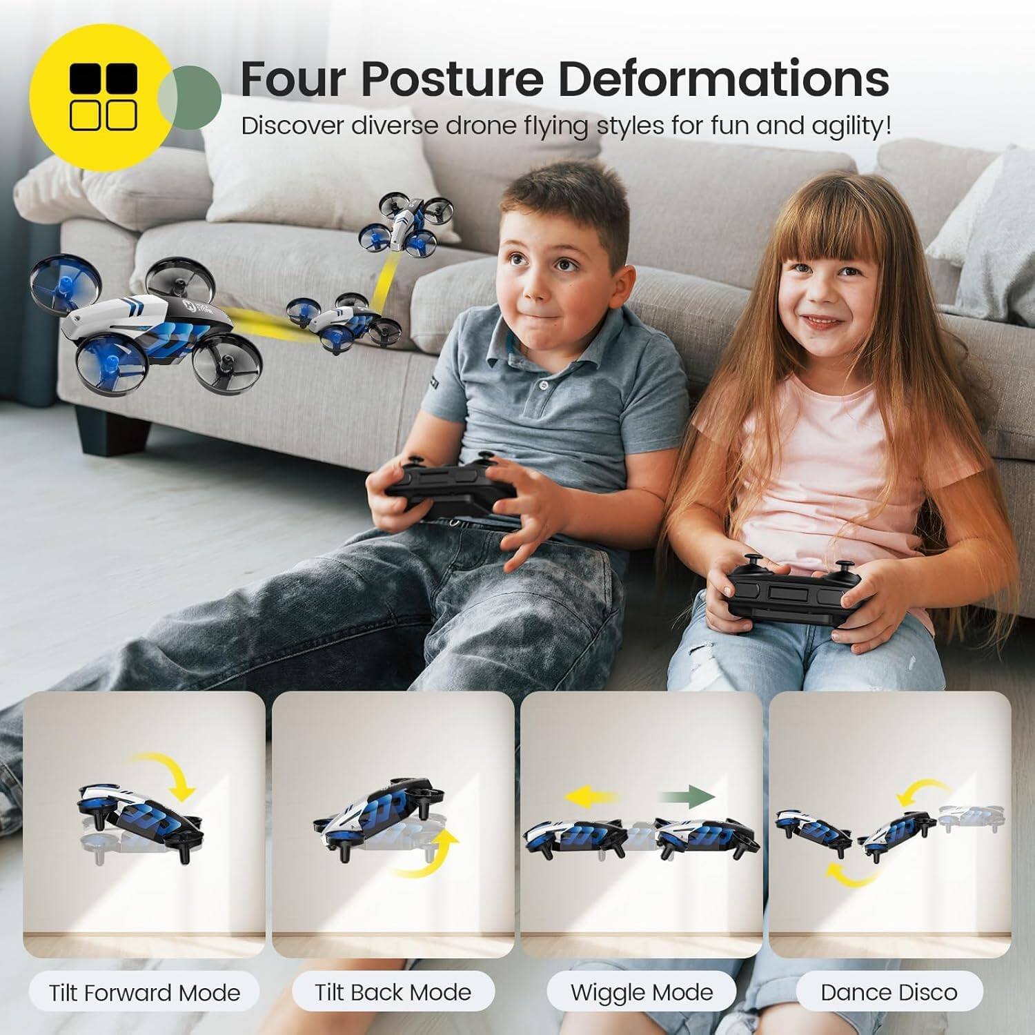 Four Posture Deformations  
Discover diverse drone flying styles for fun and agility!  

Tilt Forward Mode  
Tilt Back Mode  
Wiggle Mode  
Dance Disco