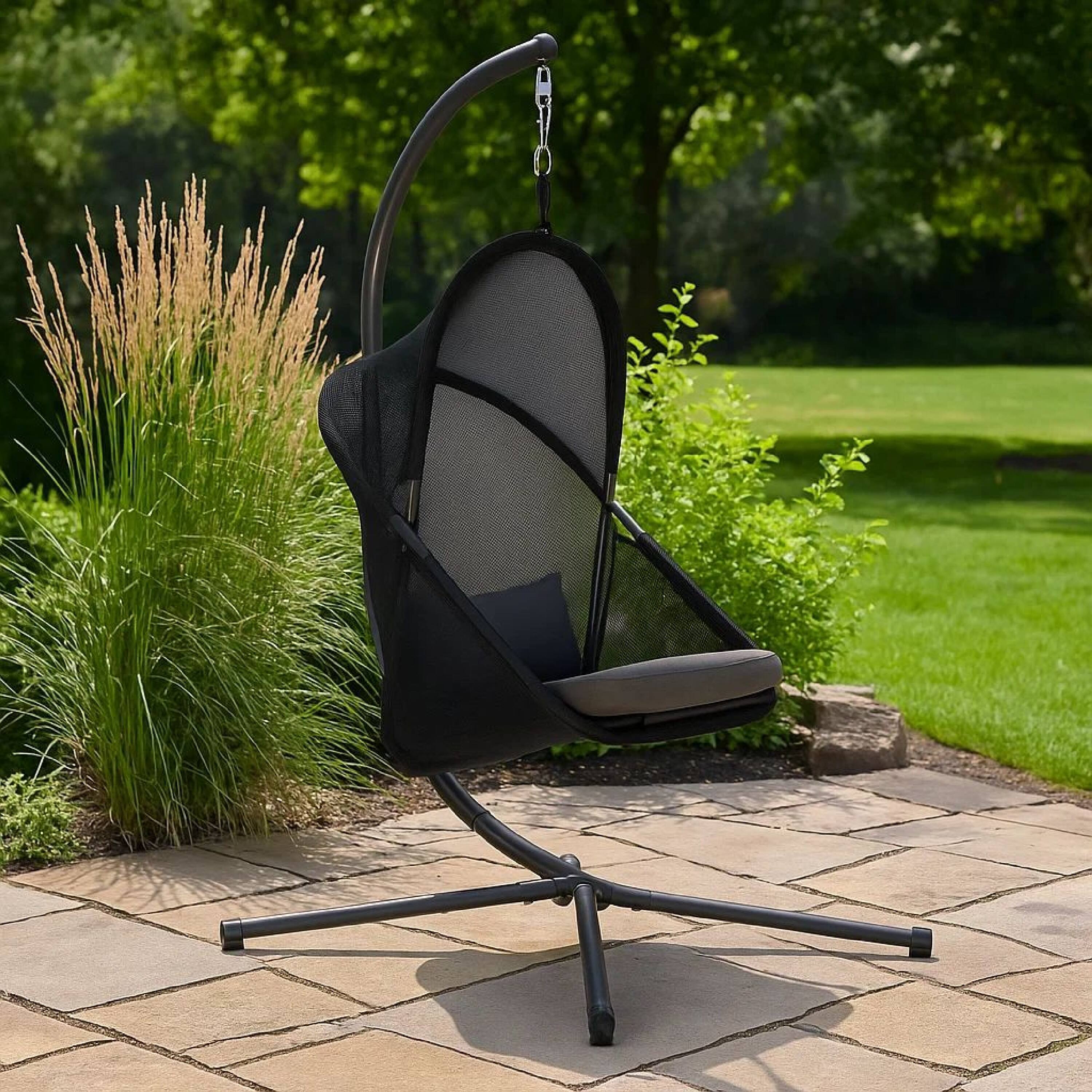 Alt View 7. Manhattan Lane - Cery Outdoor Egg Swing Chair, Foldable Stand - Black.