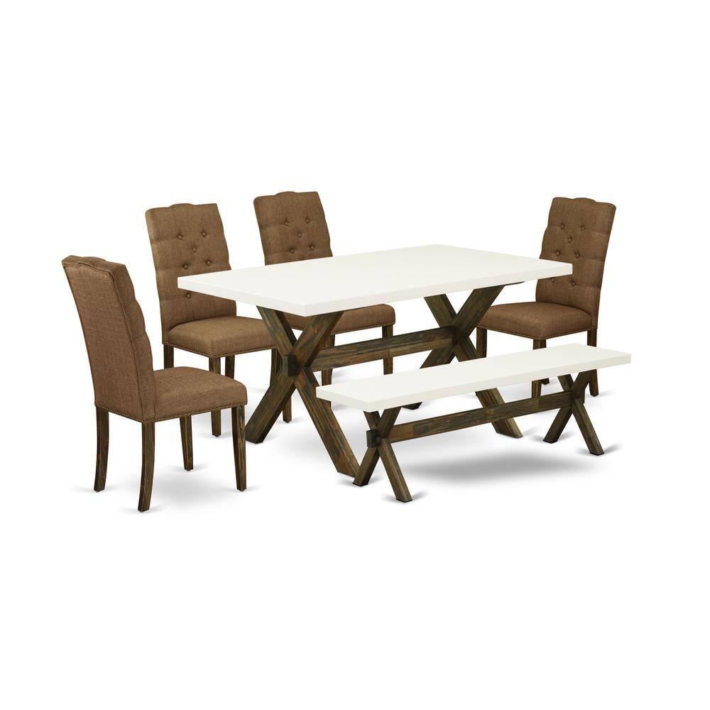 Left. East West Furniture - East West Furniture 6-Piece Mid Century Dining Table Set-Brown Beige Linen Fabric Seat and Button Tufted Chair Back - Multi-Color.