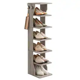 Songmics Home - 7 Tier Vertical Shoe Rack, Narrow Shoe Storage Organizer with Hooks, Slim Wooden Corner Shoe Tower Rack - Heather Greige