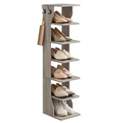 Front. Songmics Home - 7 Tier Vertical Shoe Rack, Narrow Shoe Storage Organizer with Hooks, Slim Wooden Corner Shoe Tower Rack - Heather Greige.