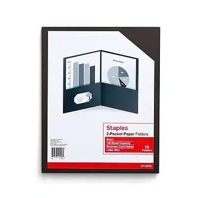 Staples
2-Pocket Paper Folders
Black
100-Sheet Capacity
Business Card Holder
10 Letter Size Folders
ST13376