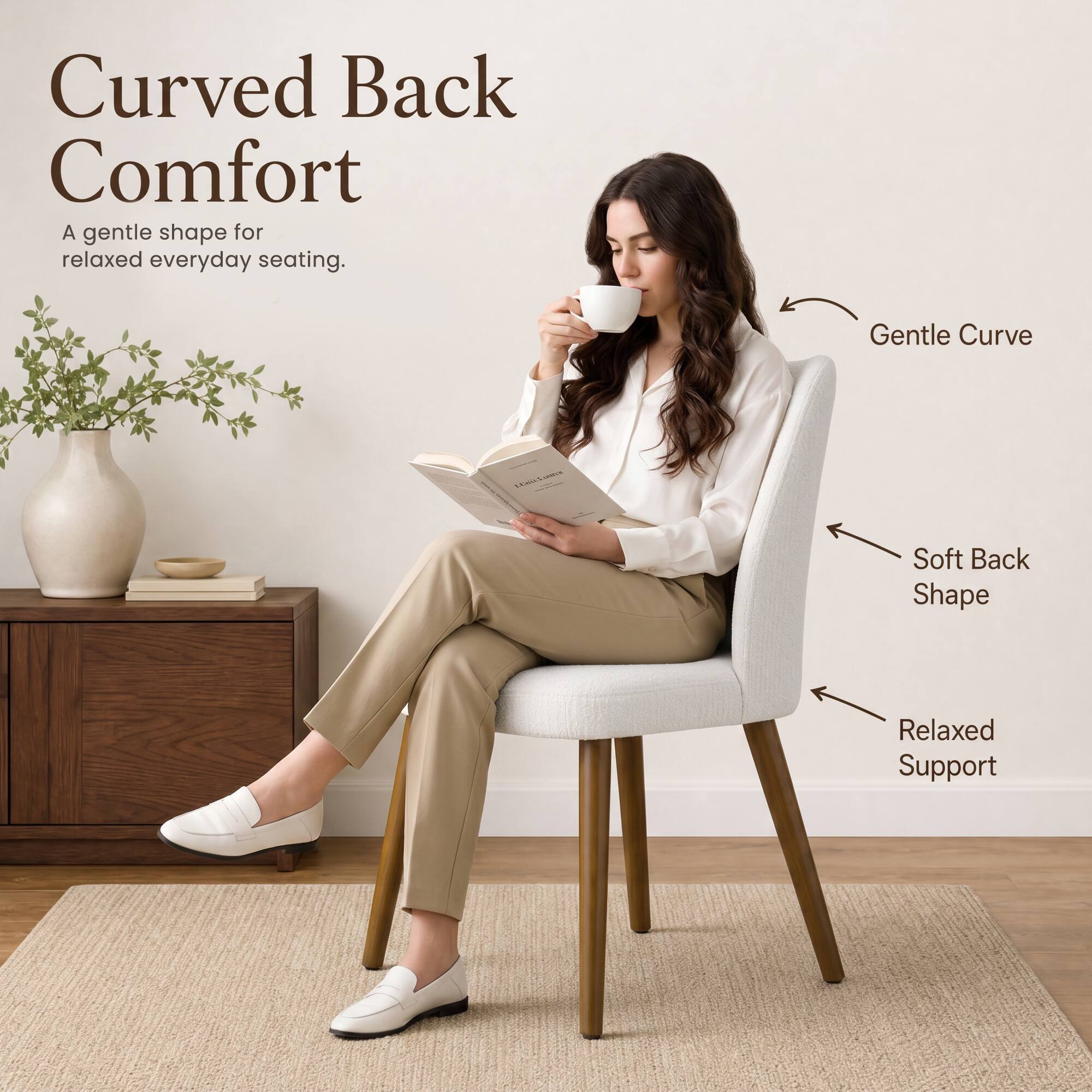 Curved Back Comfort  
A gentle shape for relaxed everyday seating.  

Gentle Curve  
Soft Back Shape  
Relaxed Support