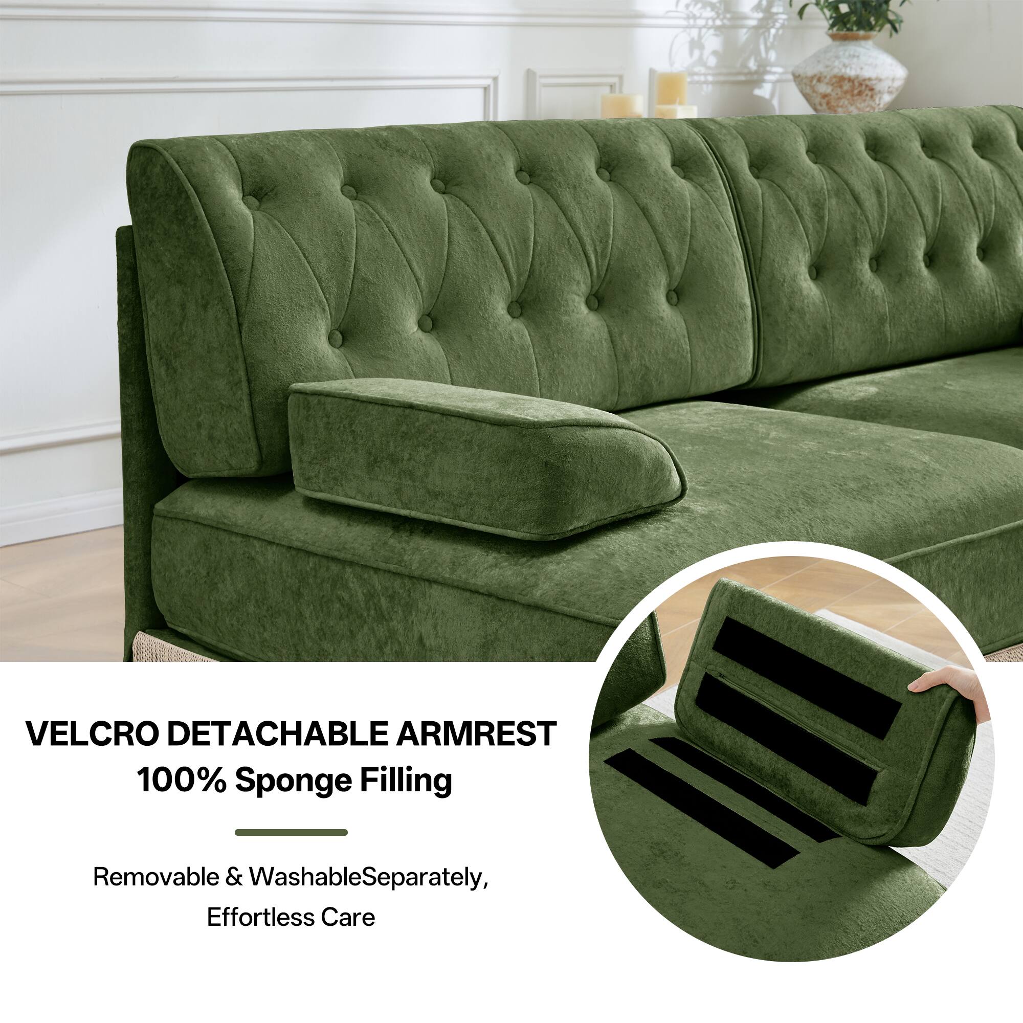 VELCRO DETACHABLE ARMREST  
100% Sponge Filling  

Removable & Washable Separately,  
Effortless Care
