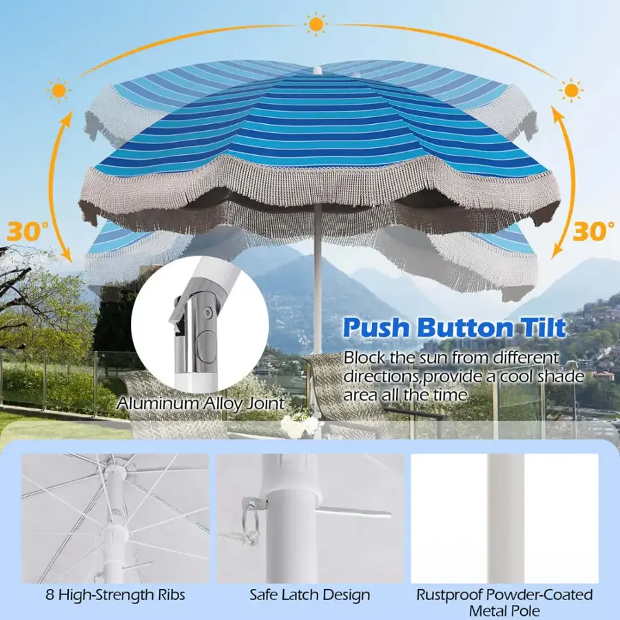 The text on the image is grouped and corrected as follows:

"30 30 Aluminum Alloy Joint Push Button Tilt Block the sun from different directions, provide a cool shade area all the time. 8 High-Strength Ribs Safe Latch Design Rustproof Powder-Coated Metal Pole."