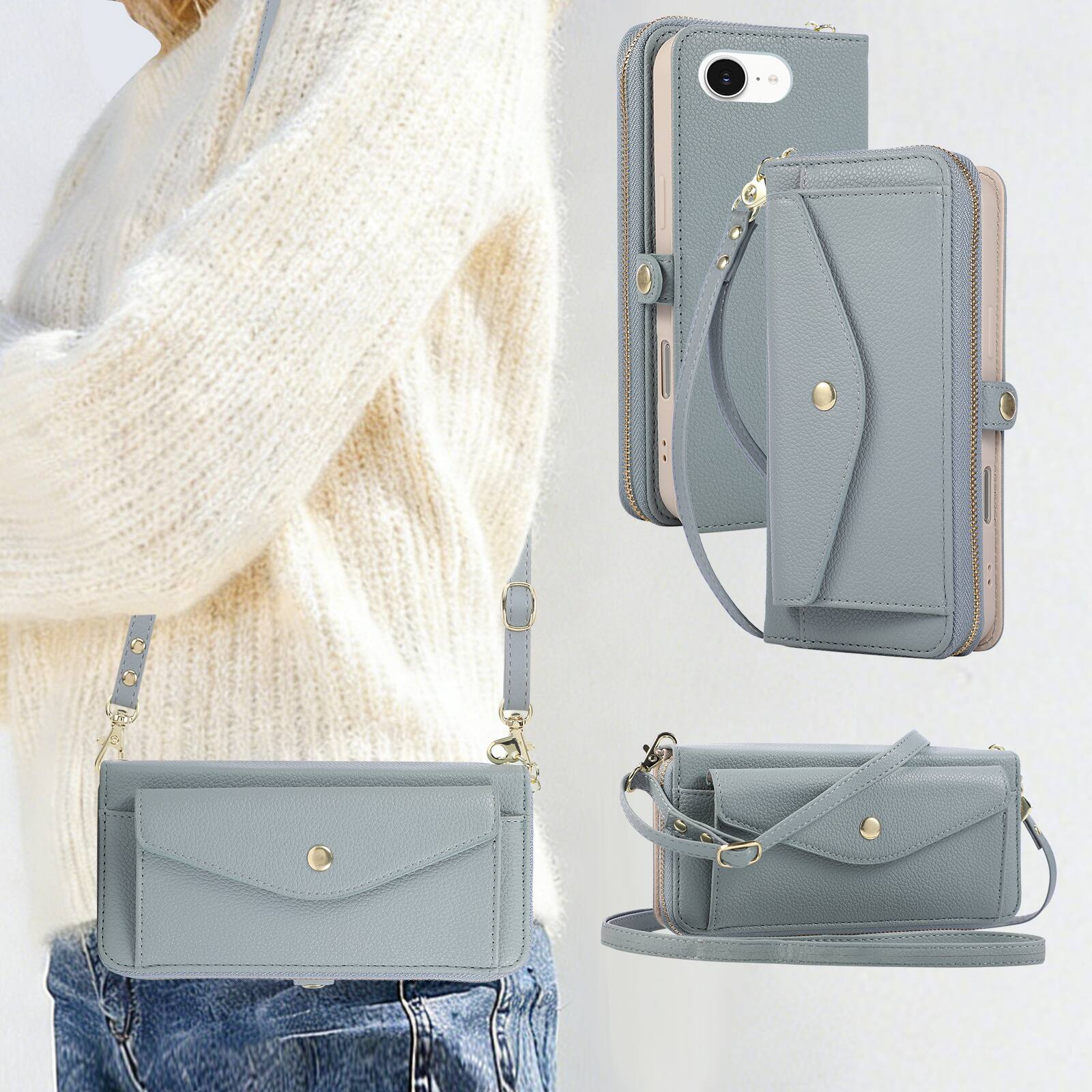 Alt View 4. Dteck - Leather Wallet Phone Case for Apple iPhone 17e with Crossbody Strap, Shockproof Zipper Pocket Mirror Stand Cover - Blue.