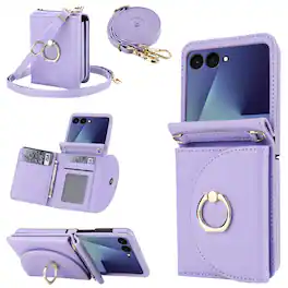 Dteck - for Samsung Galaxy Z Flip7 Crossbody Wallet Case,Shockproof Faux Leather Hinge Cover with Card Slots Bulit in Grip RIng - Lightpurple