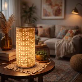 FC Design - 11"H Golden Cylinder w/ Grid Cutout Ambient Glow Table Lamp