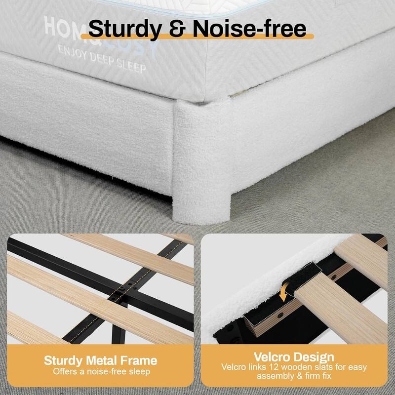 HOMESTEAD  
Sturdy & Noise-free  
ENJOY DEEP SLEEP  

Sturdy Metal Frame  
Offers a noise-free sleep  

Velcro Design  
Velcro links 12 wooden slats for easy assembly & firm fix
