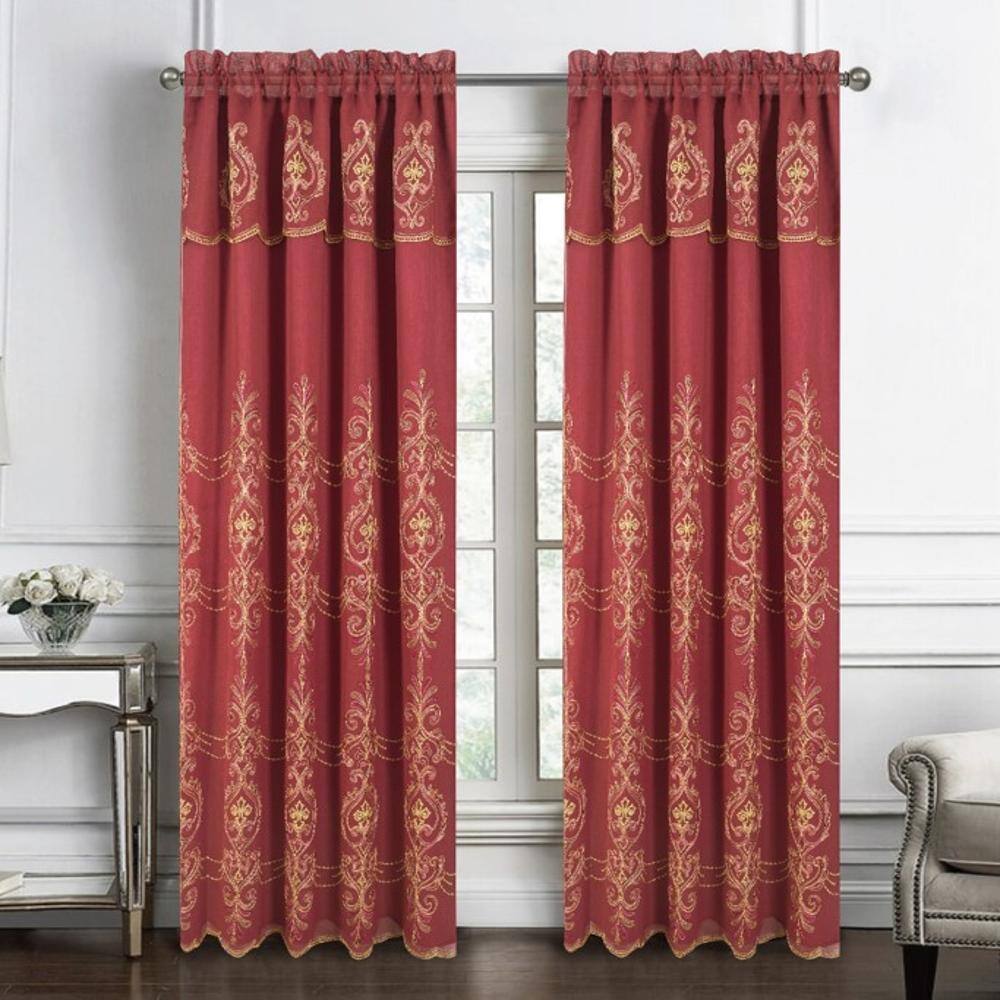 Front. RT Designers Collection - RT Designers Collection Jayla Stylish & Premium Embroidered Curtain Panel 54" x 90" Burgundy - Burgundy.