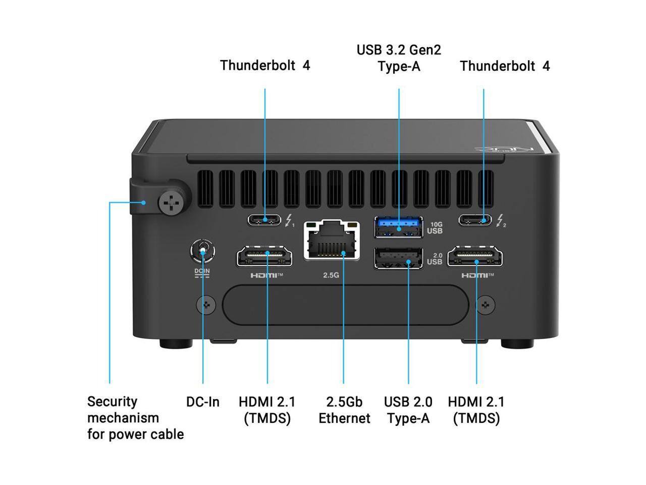 Thunderbolt 4 USB 3.2 Gen2 Type-A Thunderbolt 4 10G USB 2 DC-IN HOMI 2.5G 2.0 USB HOMP Security DC-In HDMI 2.1 2.5Gb USB 2.0 HDMI 2.1 mechanism (TMDS) Ethernet Type-A (TMDS) for power cable