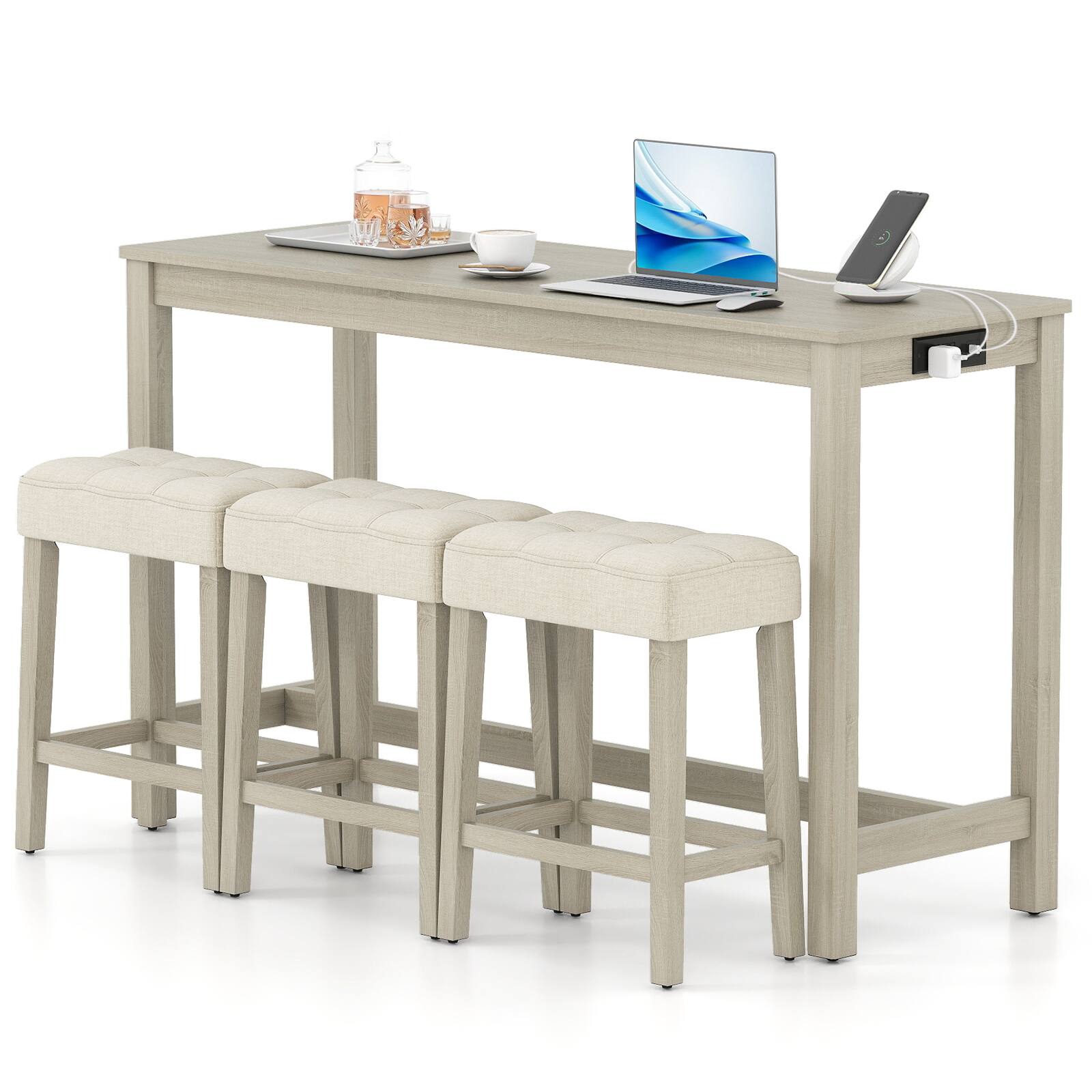 Front. Gymax - Gymax 4PCS Bar Table Set w/Charging Station 3 Padded Stools for Living Room Kitchen - Grey.