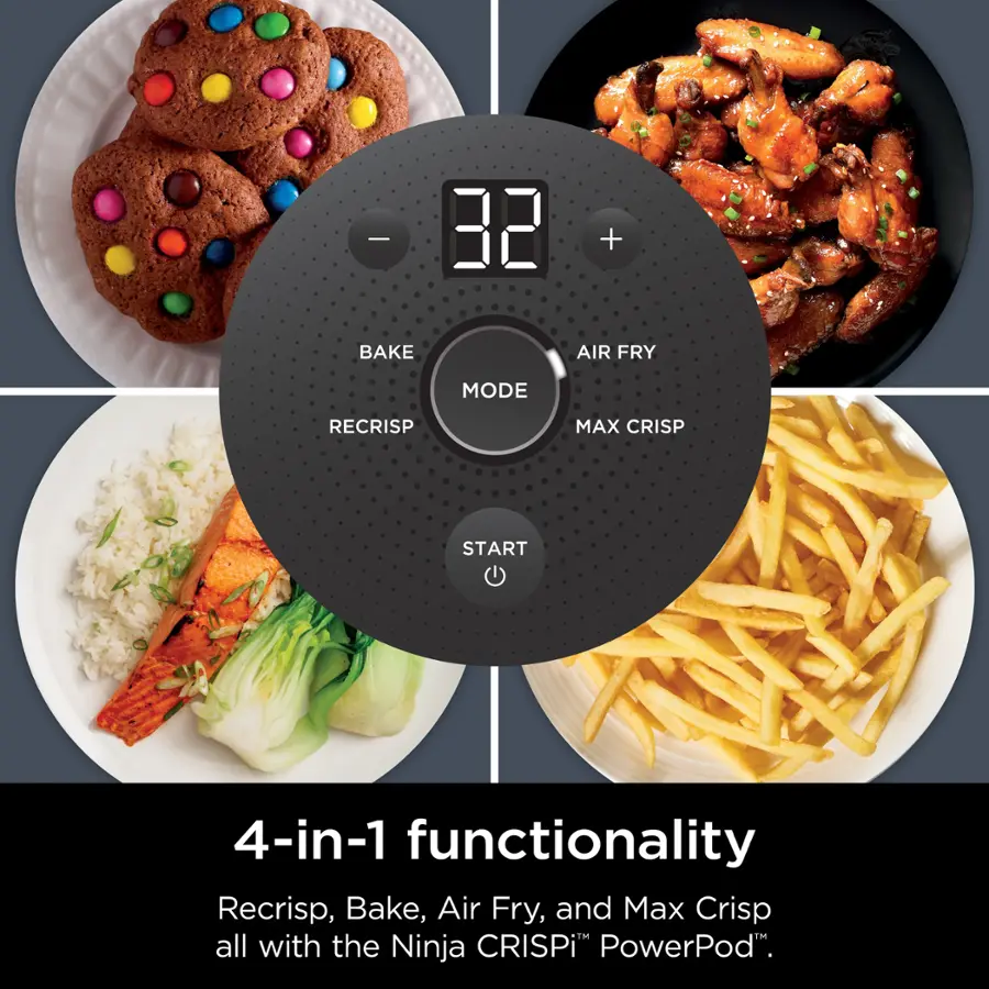 The image features a 4-in-1 functionality device that allows users to cook various dishes using different modes. The device has a display with the time, which is currently set at 38 minutes. The modes available include Recrisp, Bake, Air Fry, and Max Crisp. The image showcases a variety of foods that can be cooked using these different modes, such as french fries, rice, and cookies. The Ninja CRISPi PowerPod is the device used for all these functions, providing a versatile and convenient cooking solution.