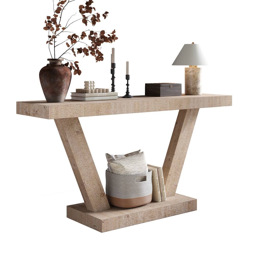 Alt View 8. Loheer - Loheer 60 inch vintage console table, distressed wood entryway bench with two tier storage, antique natural - Antique Natural.