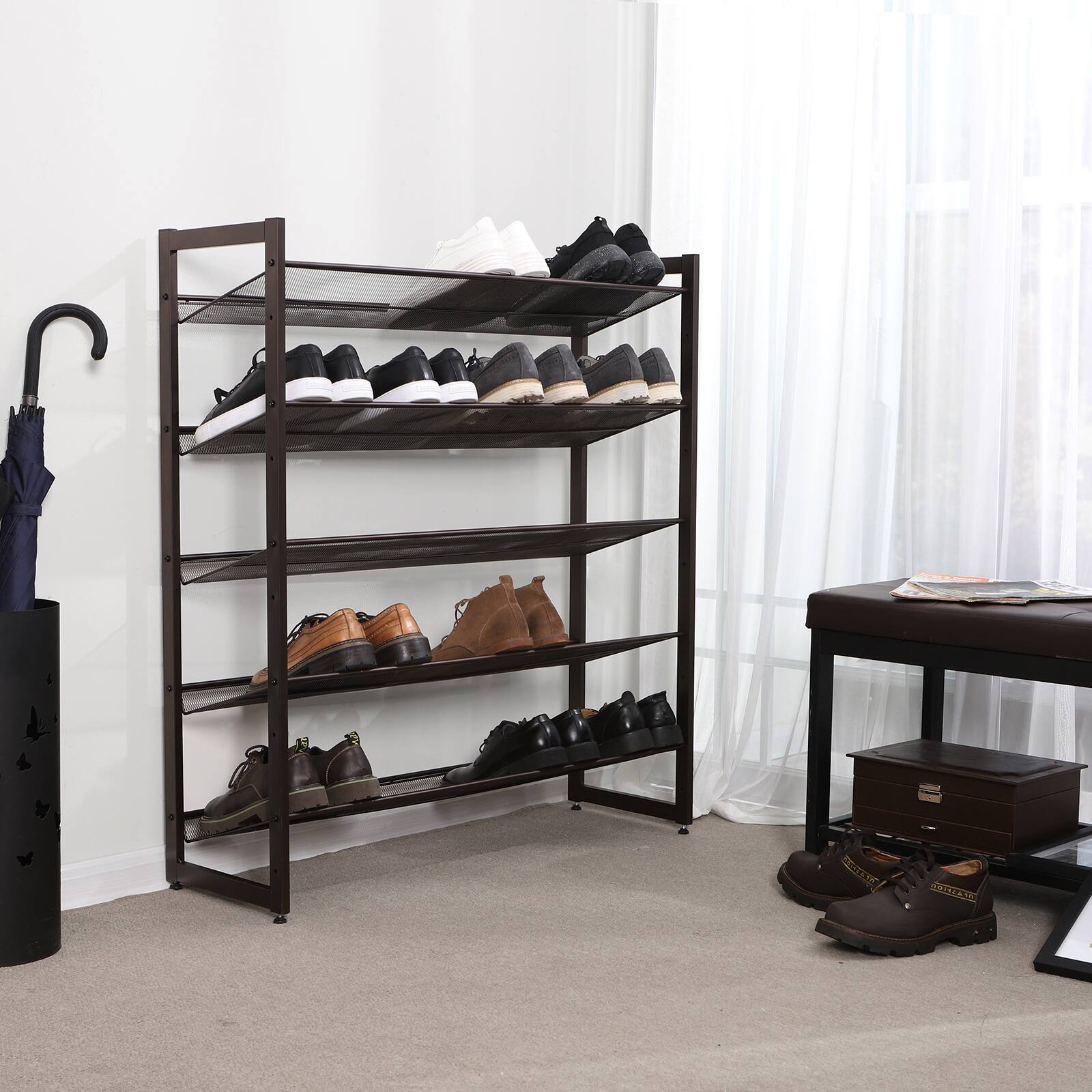 Left. Songmics Home - Shoe Rack, 5-Tier Shoe Organizer, Metal Shoe Storage for Garage, Stackable Shoe Shelf - Bronze.